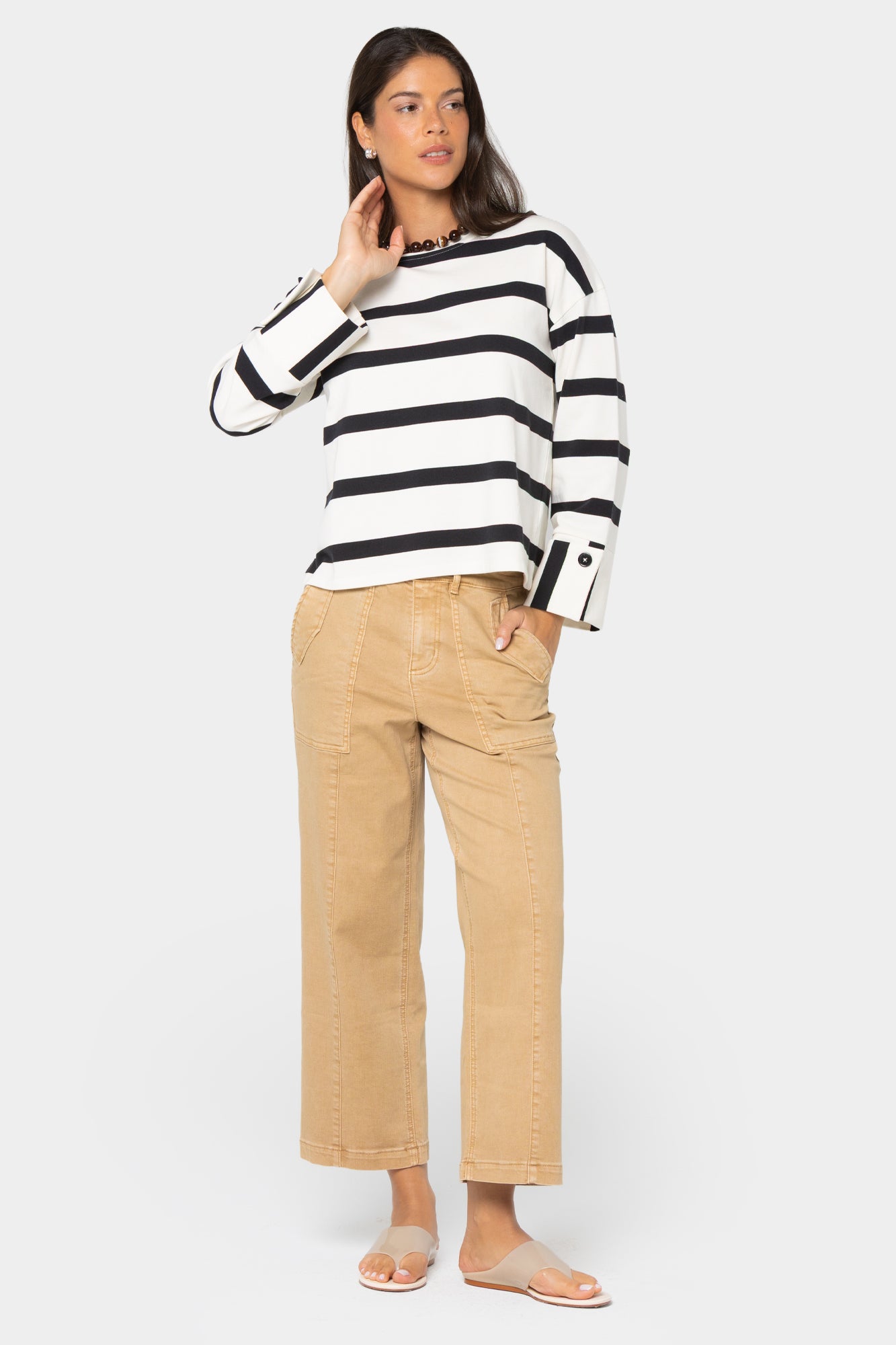 Striped Crew Neck Pullover w/ Cuff Detail