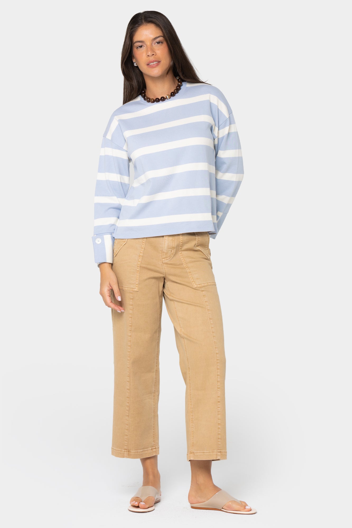 Striped Crew Neck Pullover w/ Cuff Detail