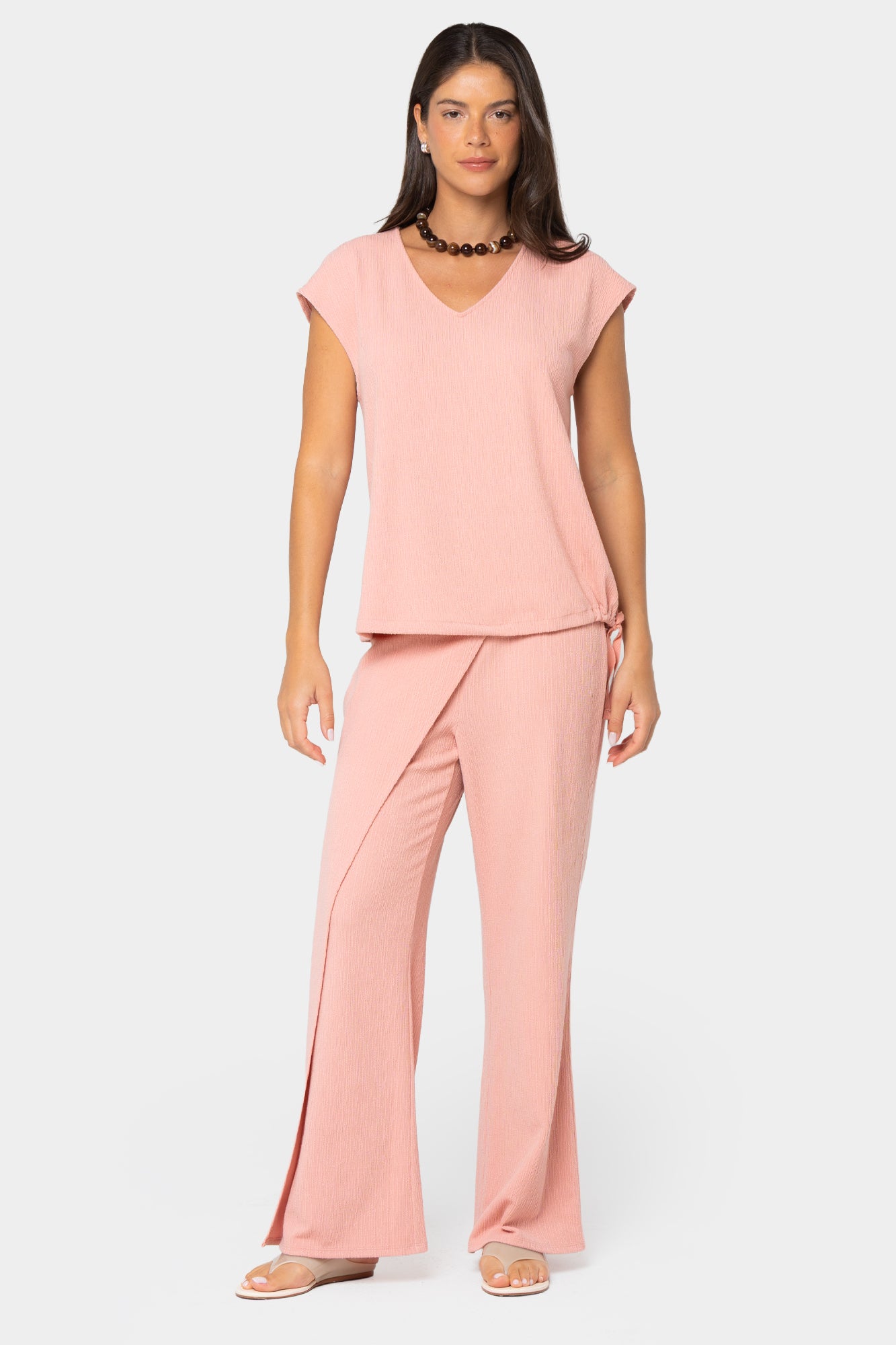Textured Knit V-Neck Dolman with Drawstring Waistband