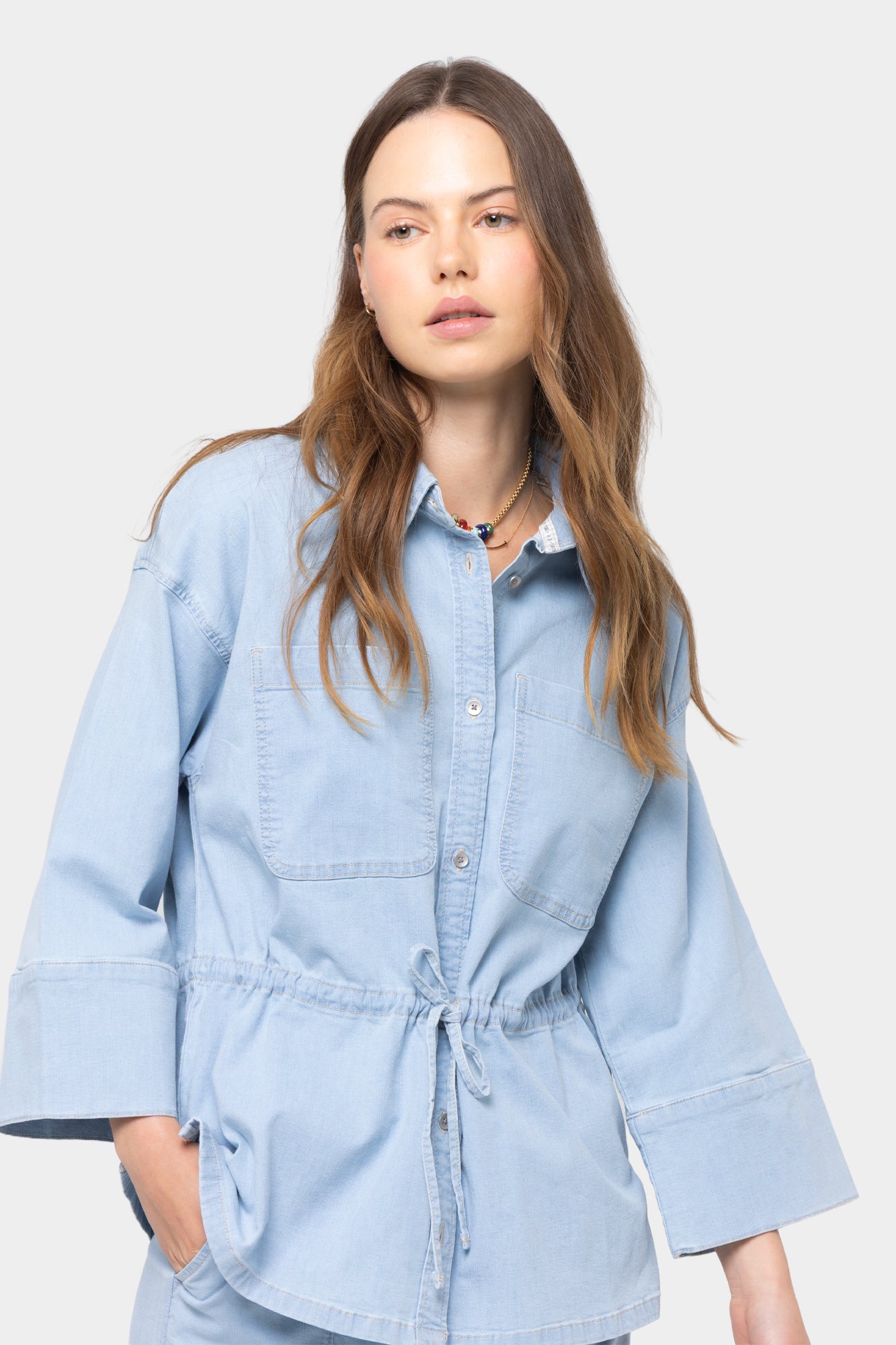 Cinched Tie Waist Button Up Elbow Sleeve Top