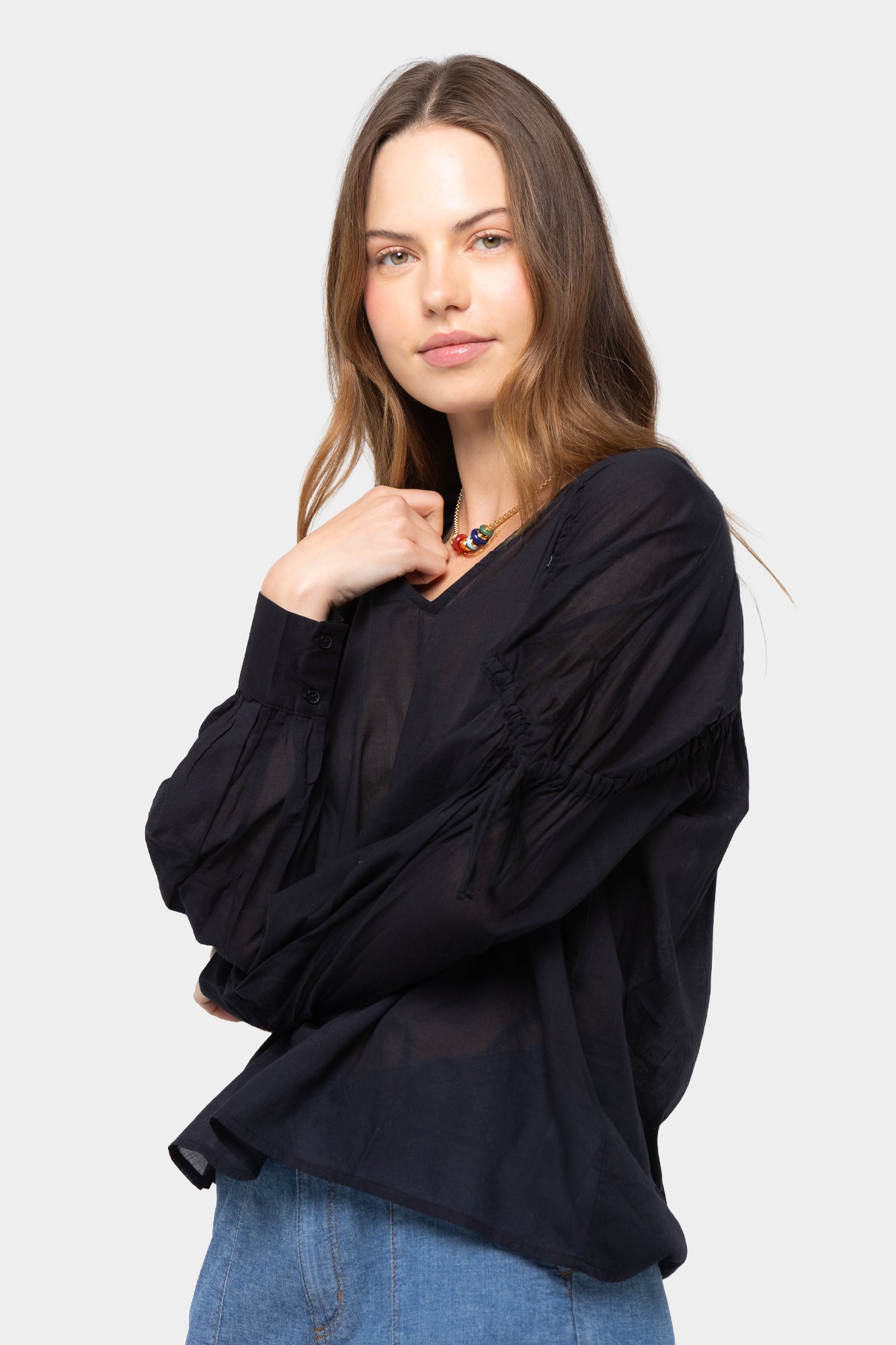 Long Sleeve Ruched Sleeve Neck Button Up
