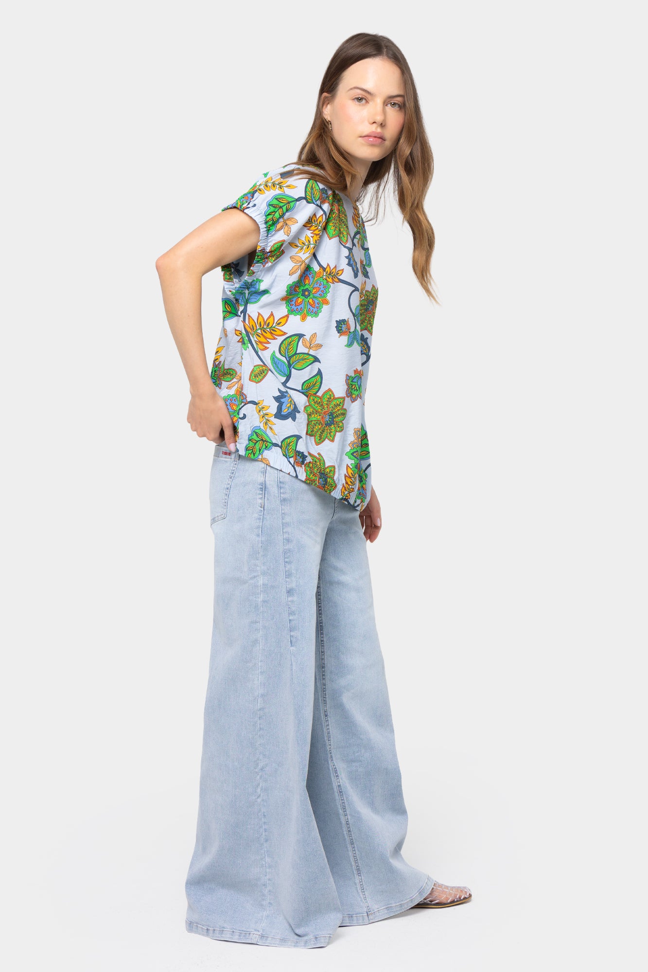 Wide Crew Neck Ruched Dolman Sleeve Top