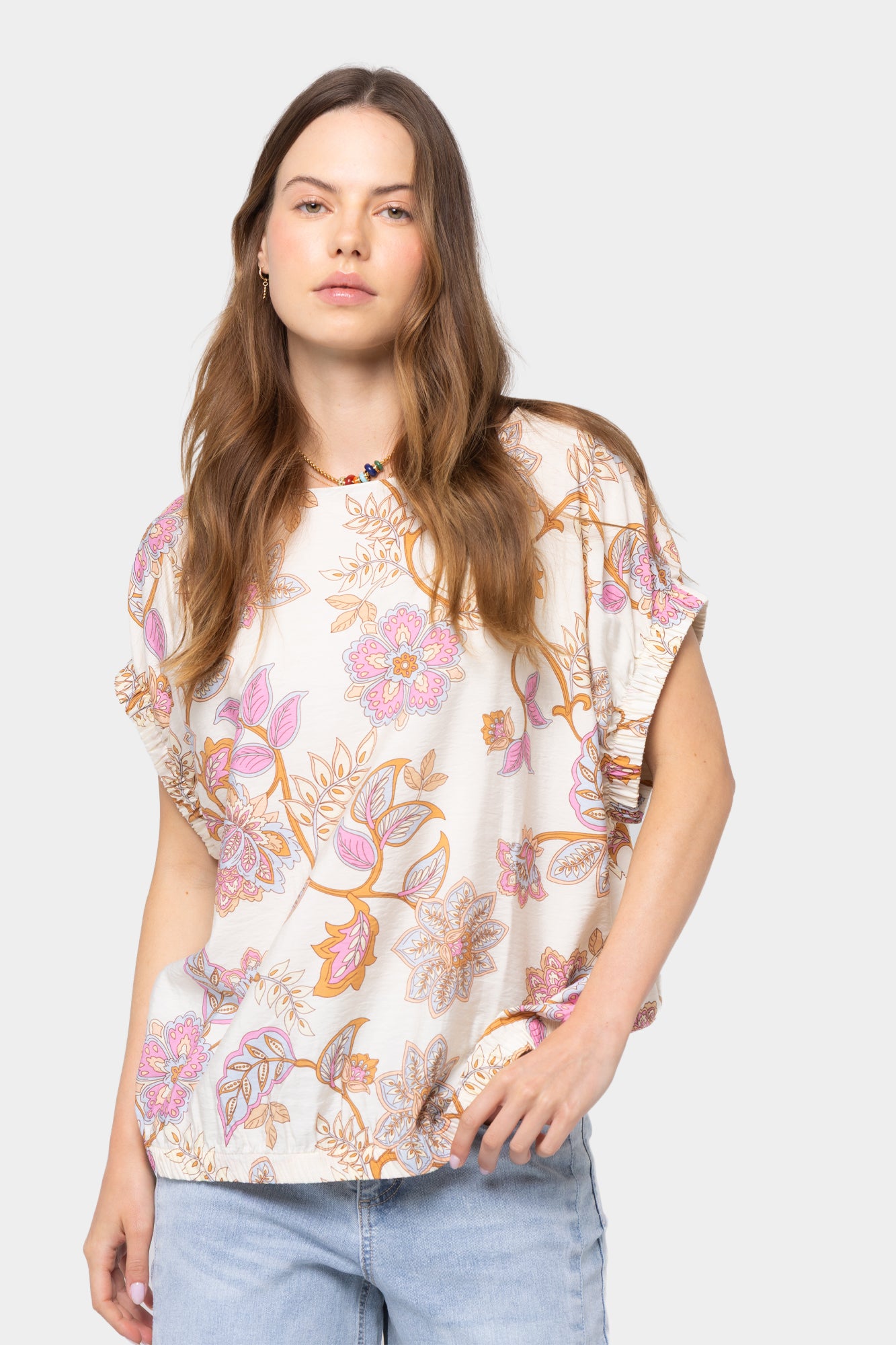 Wide Crew Neck Ruched Dolman Sleeve Top