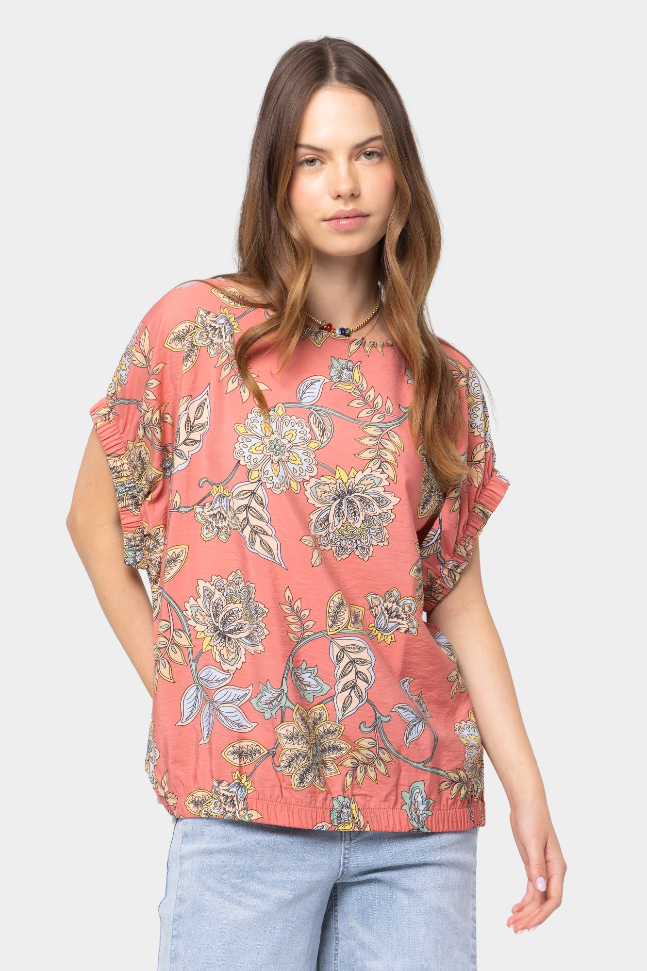 Wide Crew Neck Ruched Dolman Sleeve Top