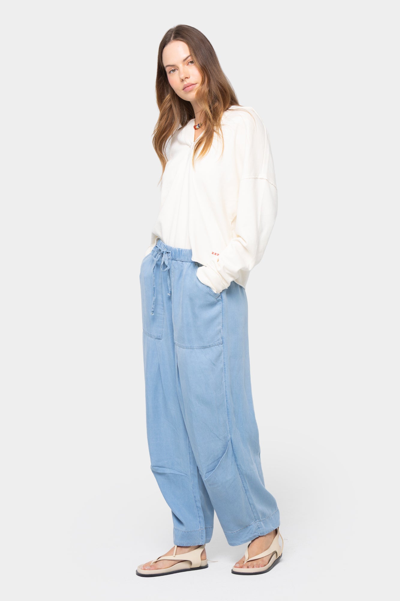 Pull On Ankle Length Pleated Denim Pants