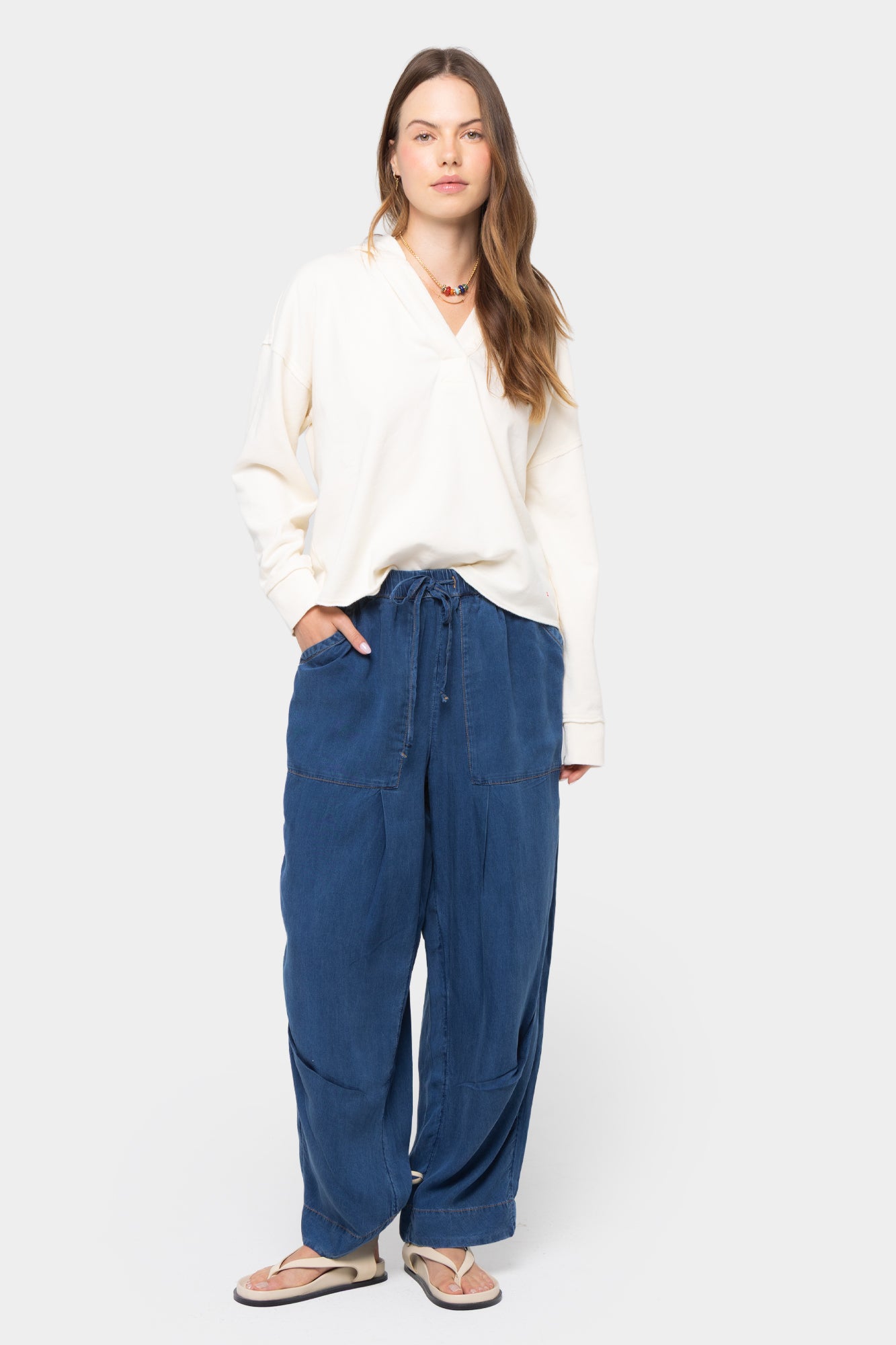 Pull On Ankle Length Pleated Denim Pants