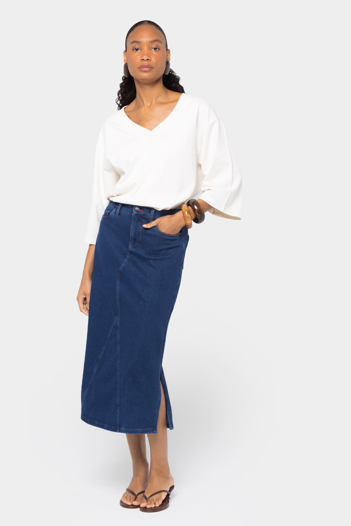 Midi Length Denim Skirt with Side Slit