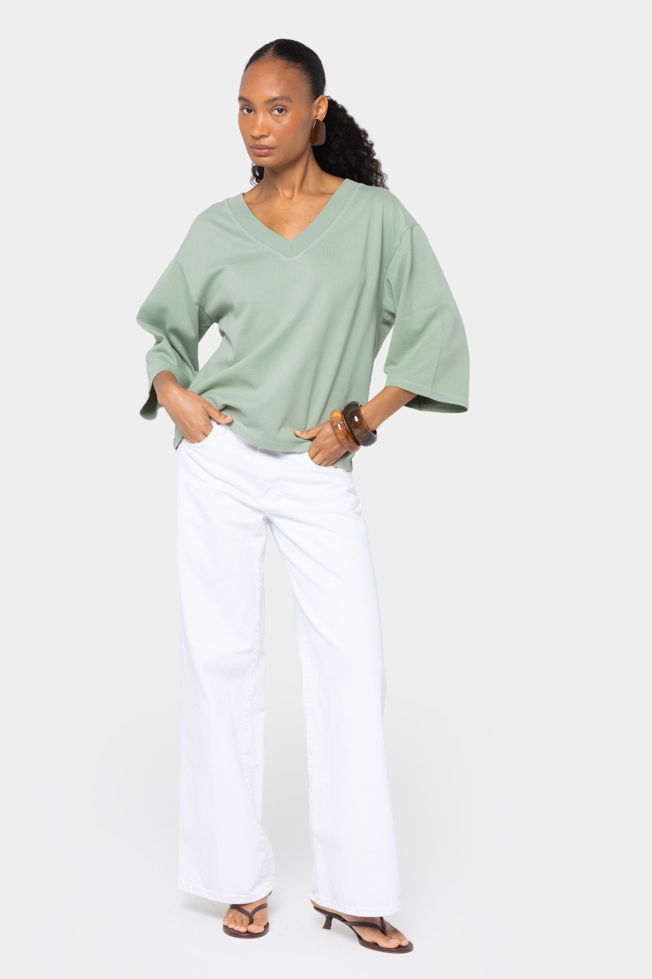 Elbow Sleeve V-Neck Side Pleat Tee