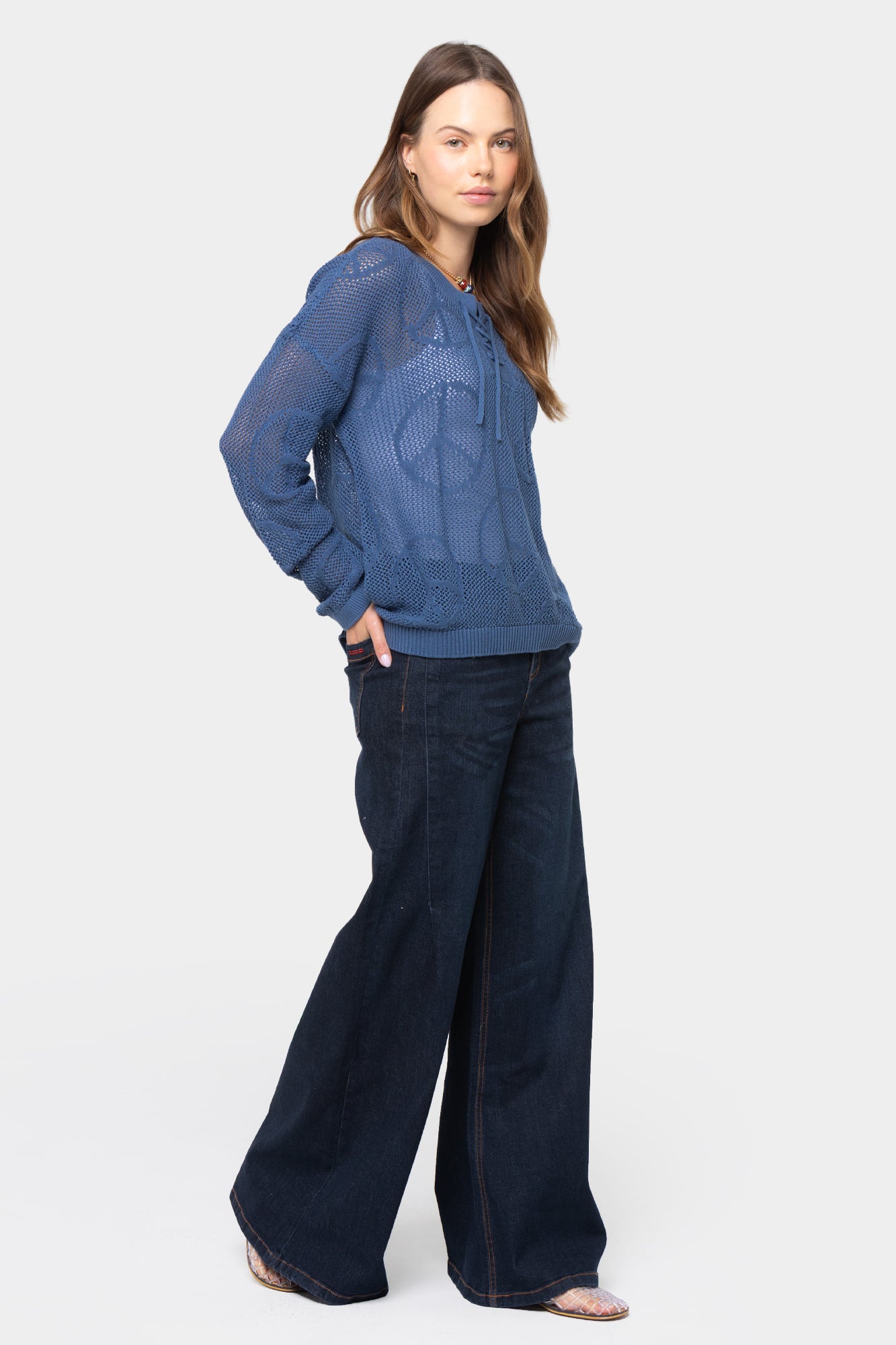 Mixed Motif Lace Up Cotton Sweater