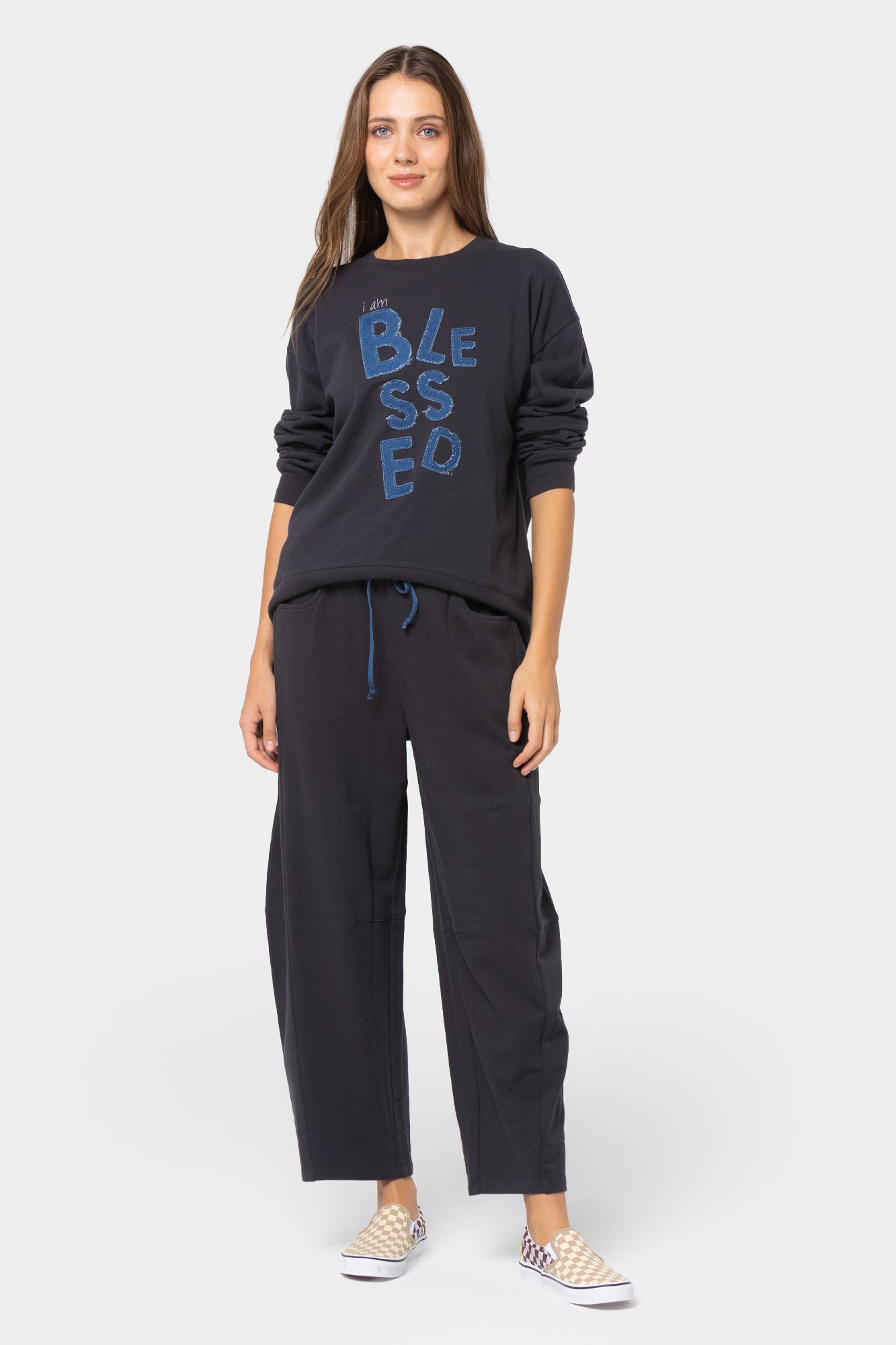Seamed Barrel Leg French Terry Sweapant with Denim Cord