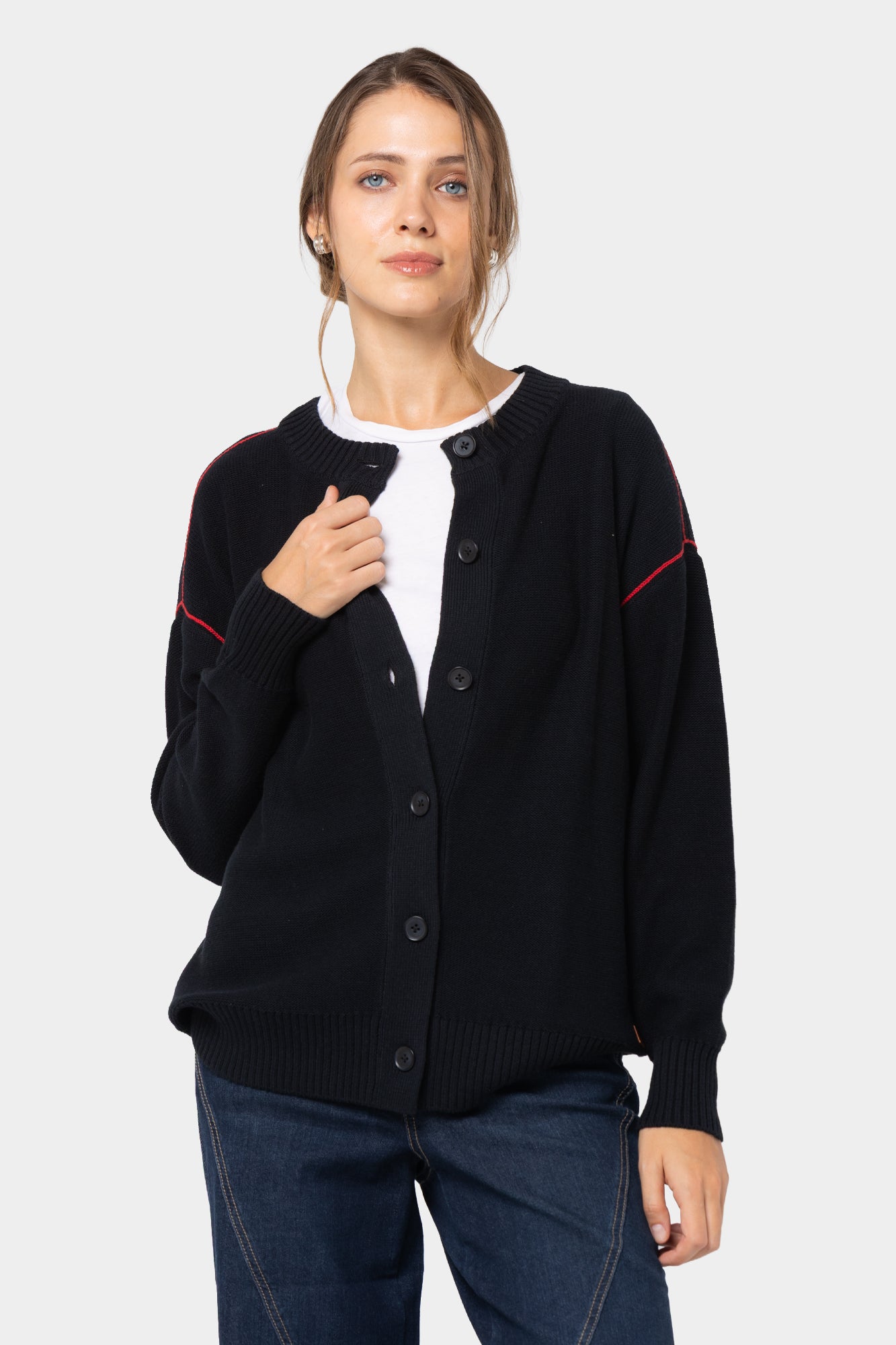 Relaxed Cotton Cardigan with Contrast Stich