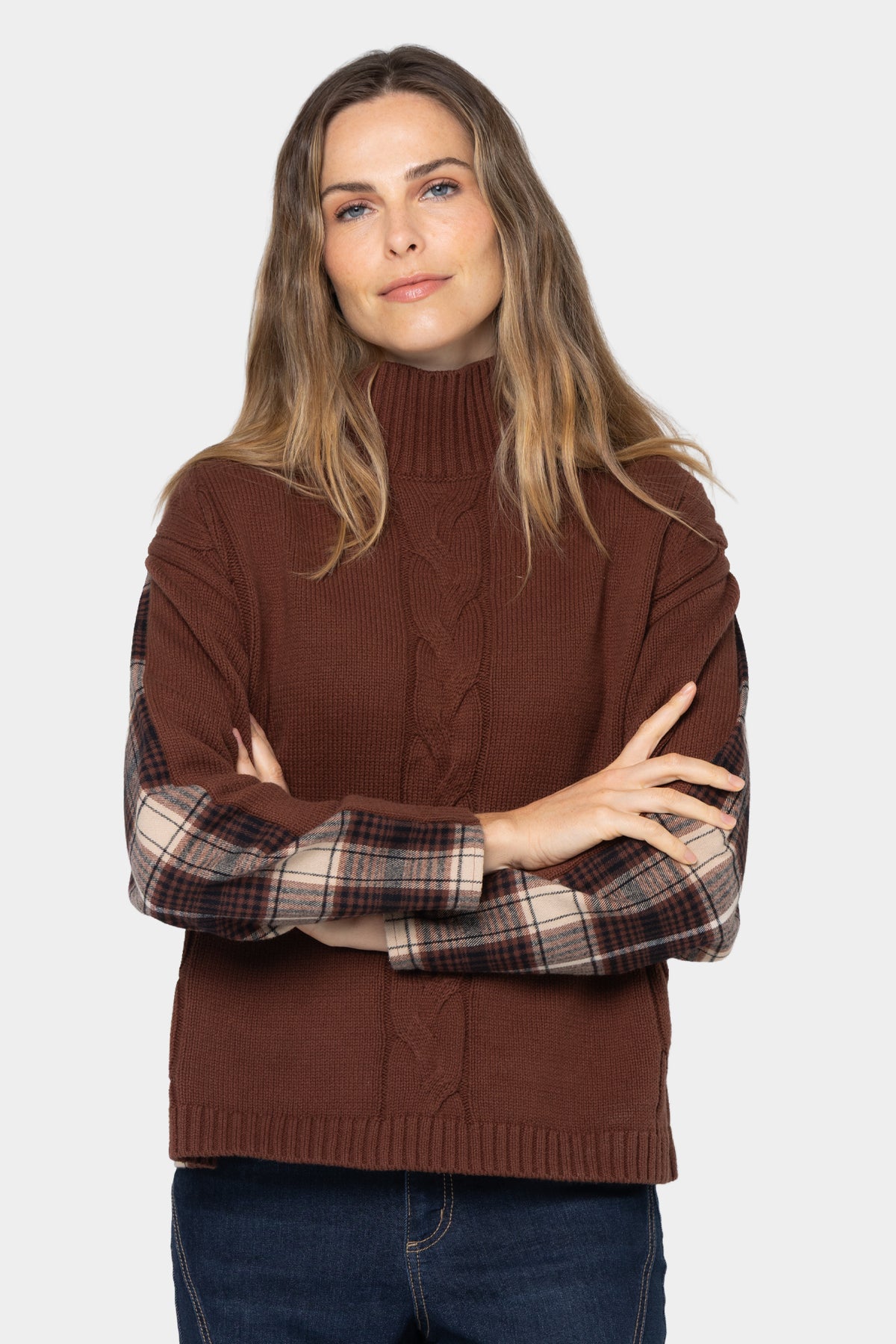 Mixed Media Flannel Cable Knit Sweater