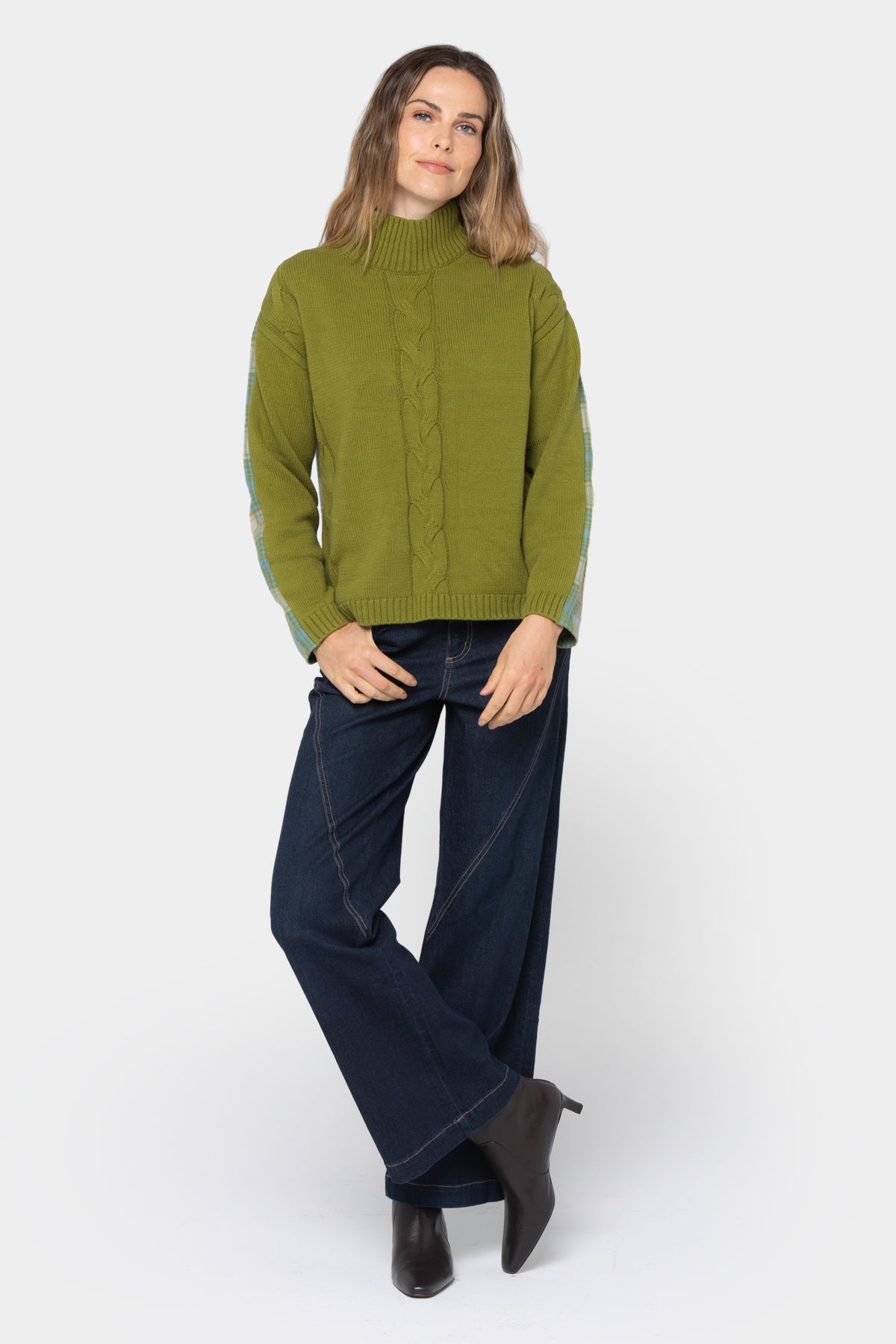 Mixed Media Flannel Cable Knit Sweater
