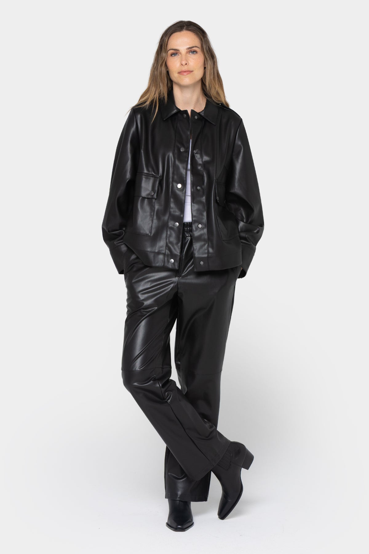 Faux Leather Snap Front Shacket