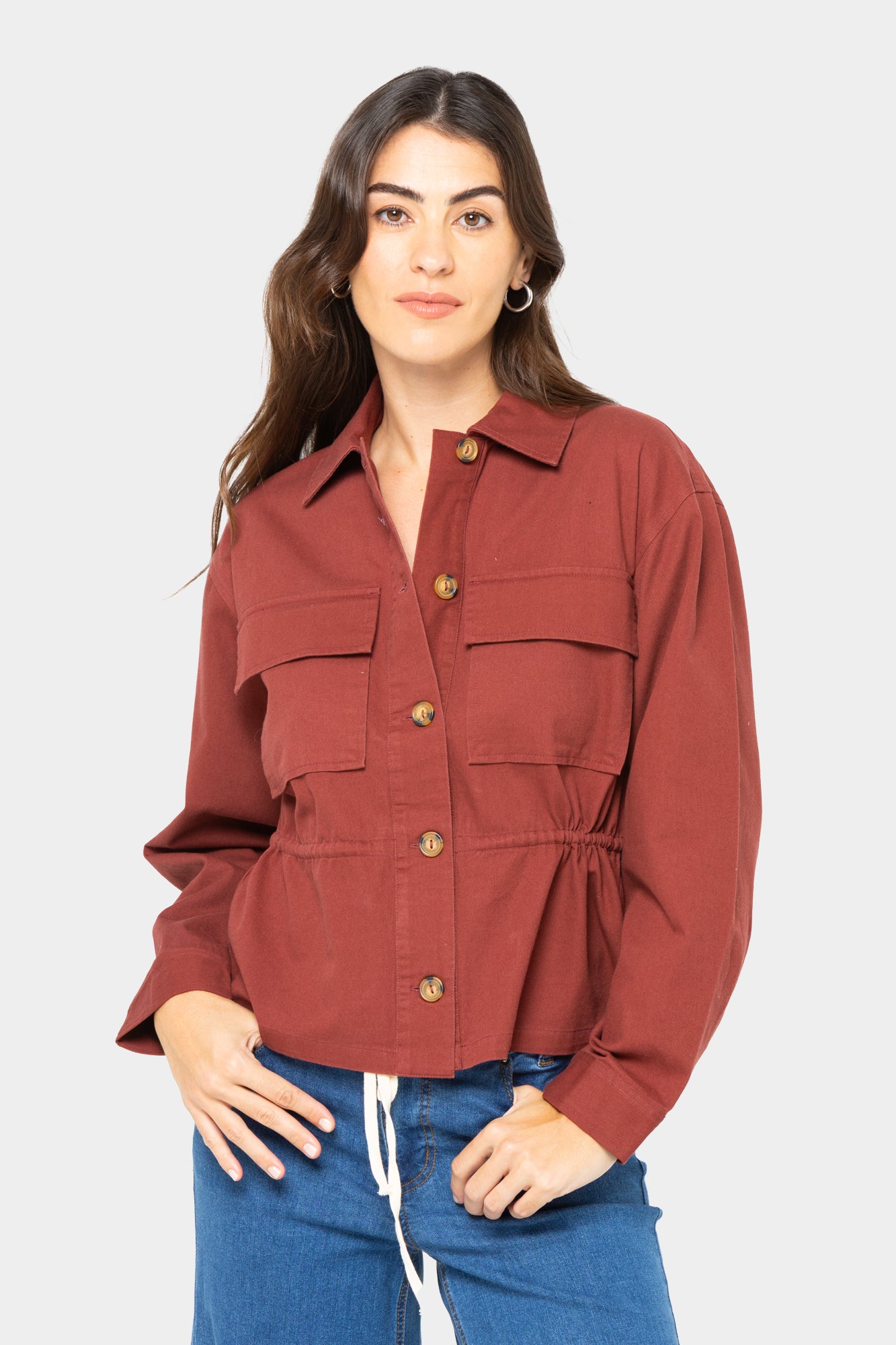 Button Front Drawcord Waist Jacket