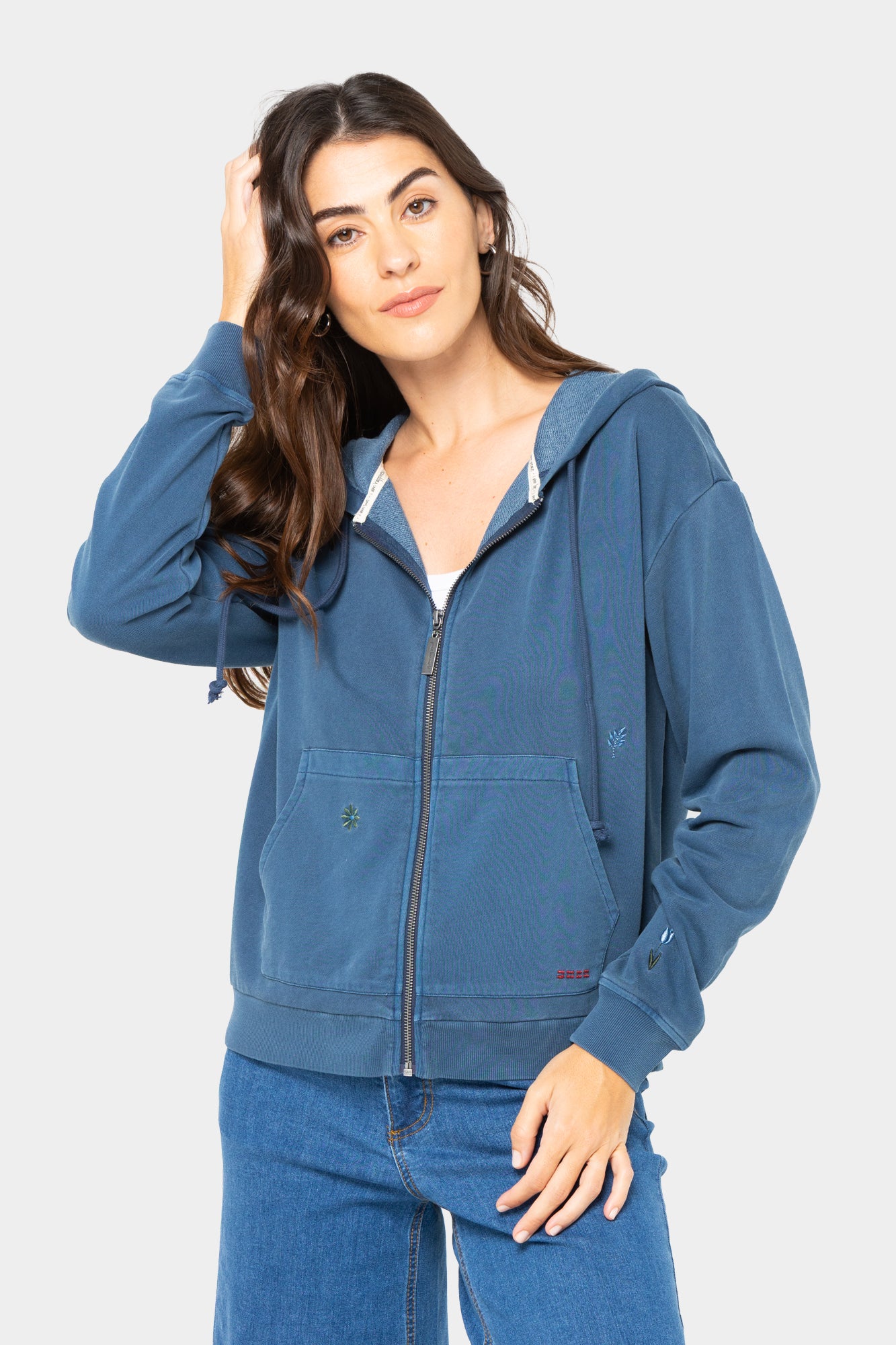 French Terry Embroidered Zip-Front Hoodie