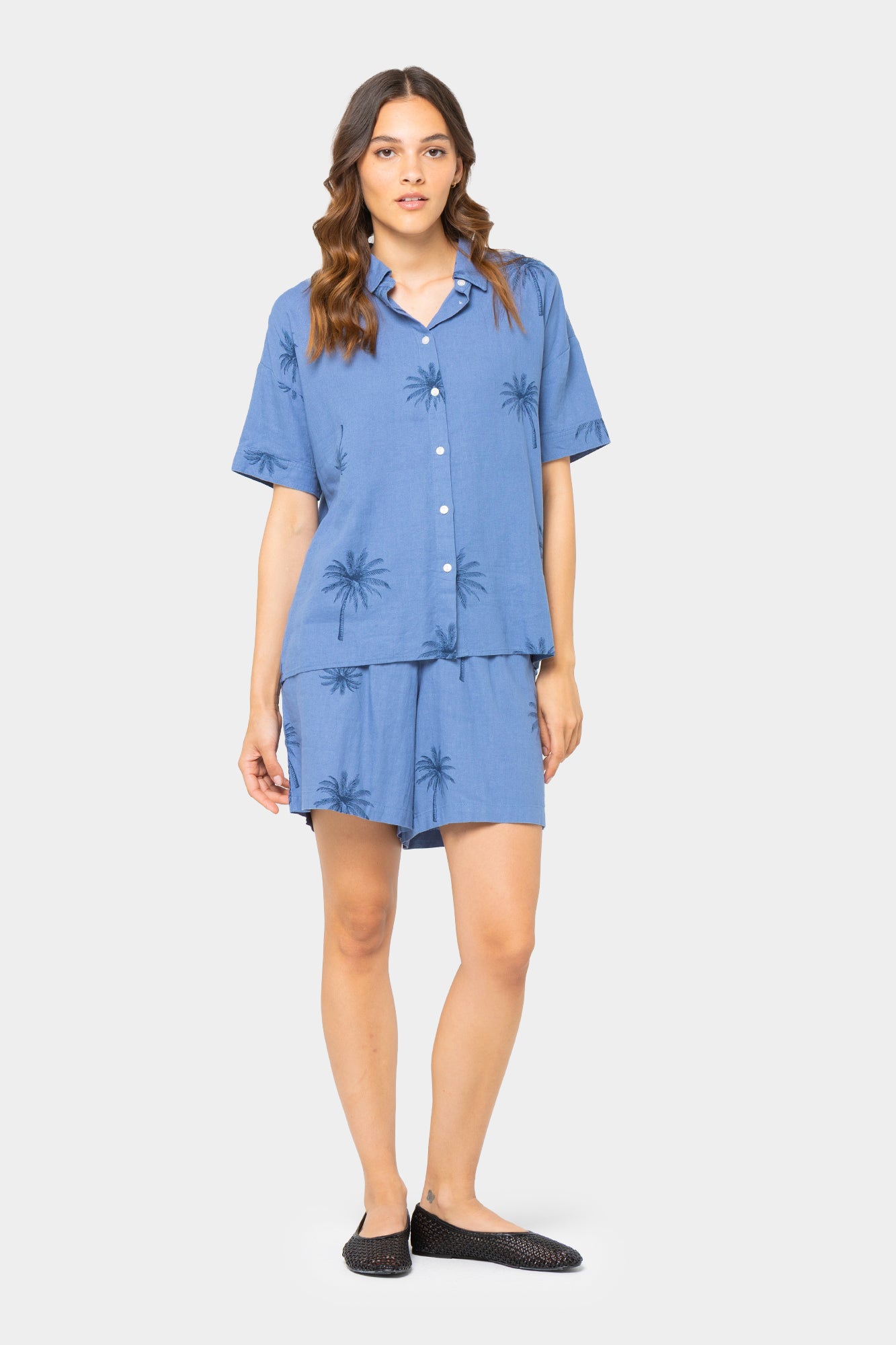 Boheme Linen Blend Palm Print Short Sleeve