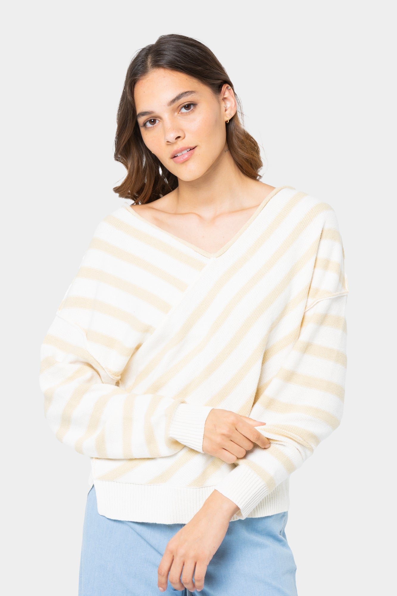 Love Unite US Overlap Stripe Wide Neck Sweater