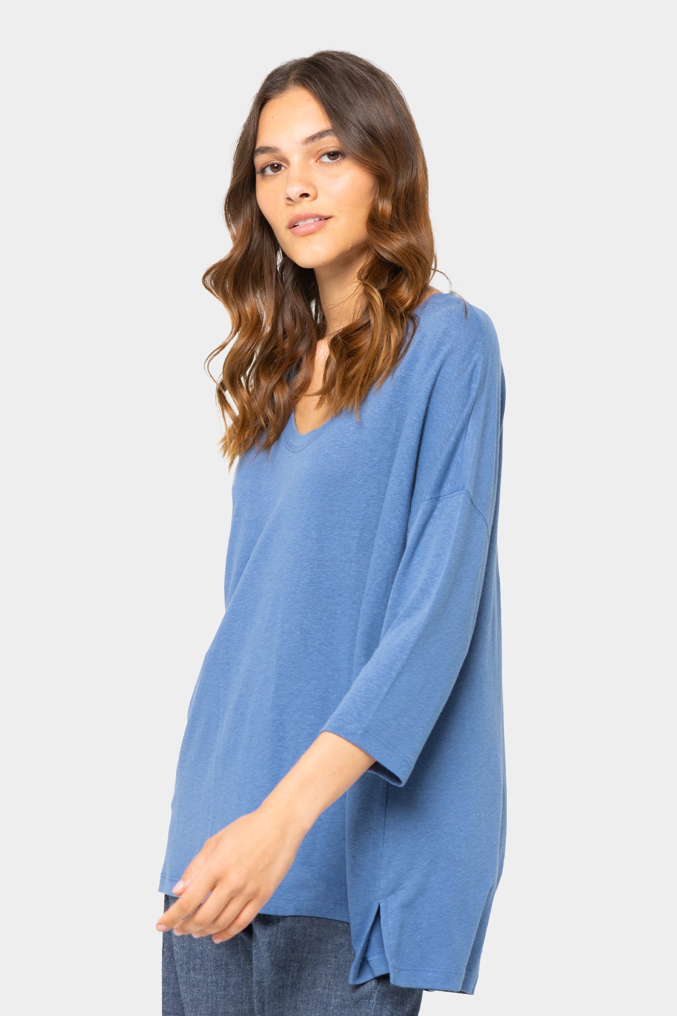 Soft V Neck Linen Blend Boxy Tee