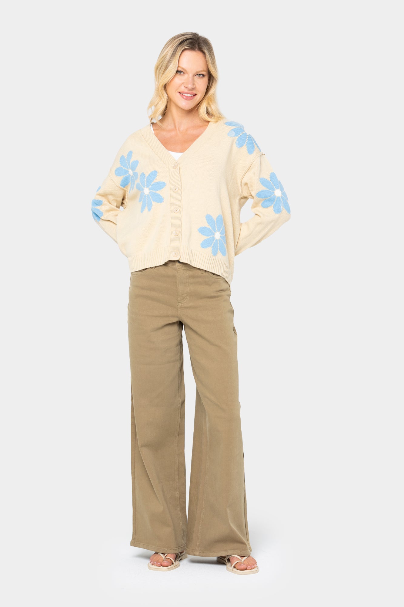 Flower Cardigan Sweater with Drop Shoulder