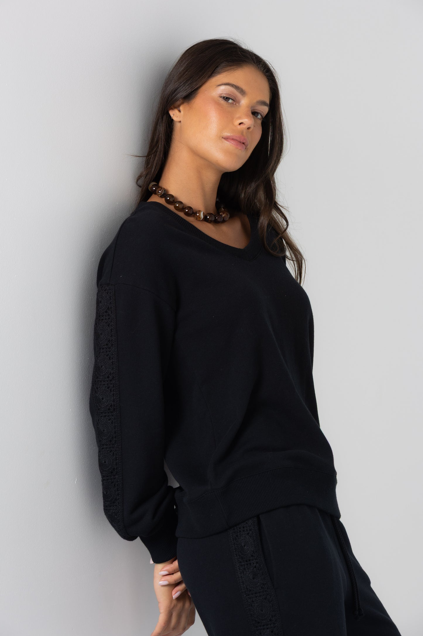 Boheme V-Neck Pullover with Crochet Trim