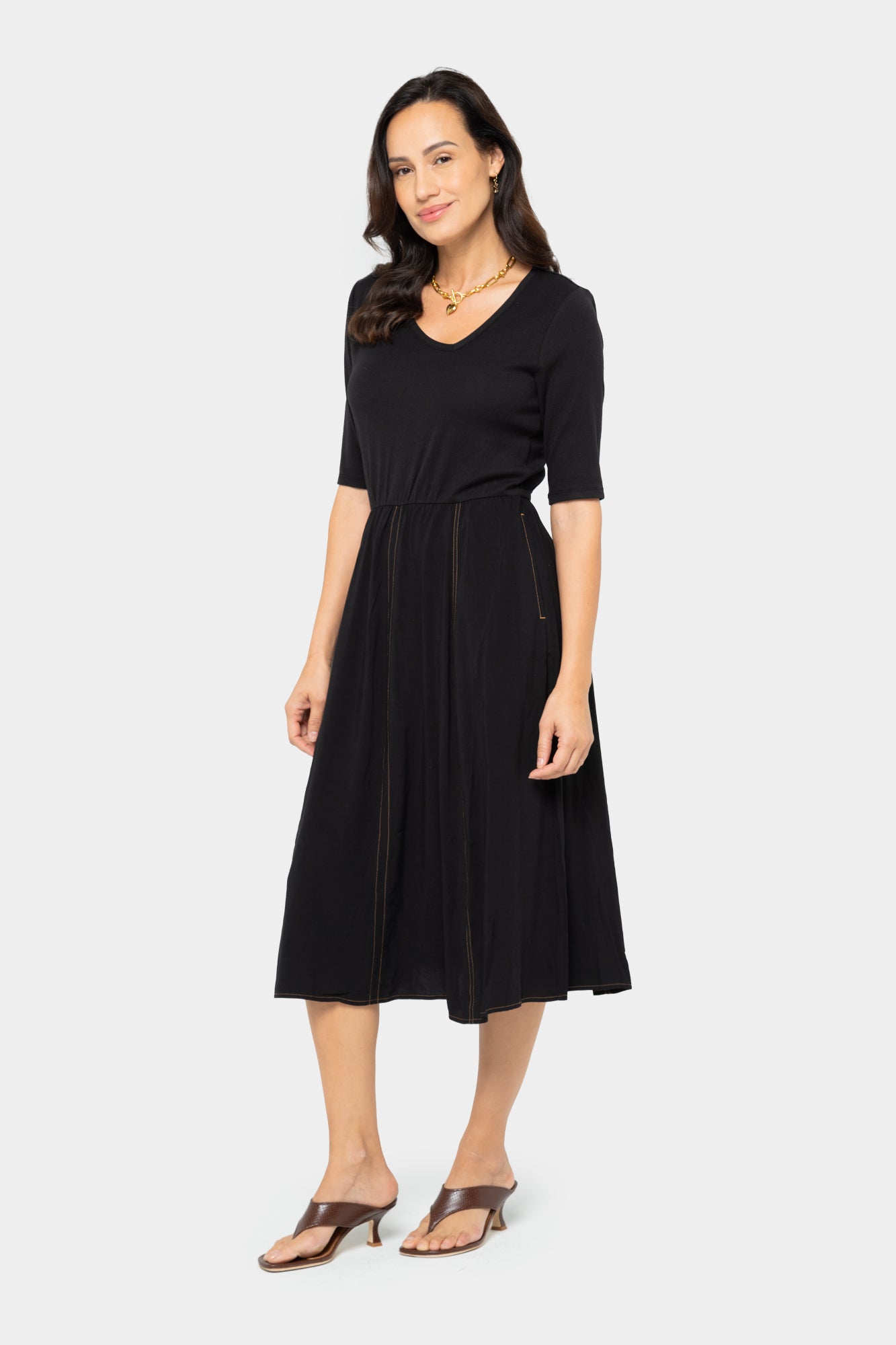 Knit to Woven Asymmetric V-Neck Dress Peace Love World Knit to Woven Asymmetric V-Neck Dress Peace Love World