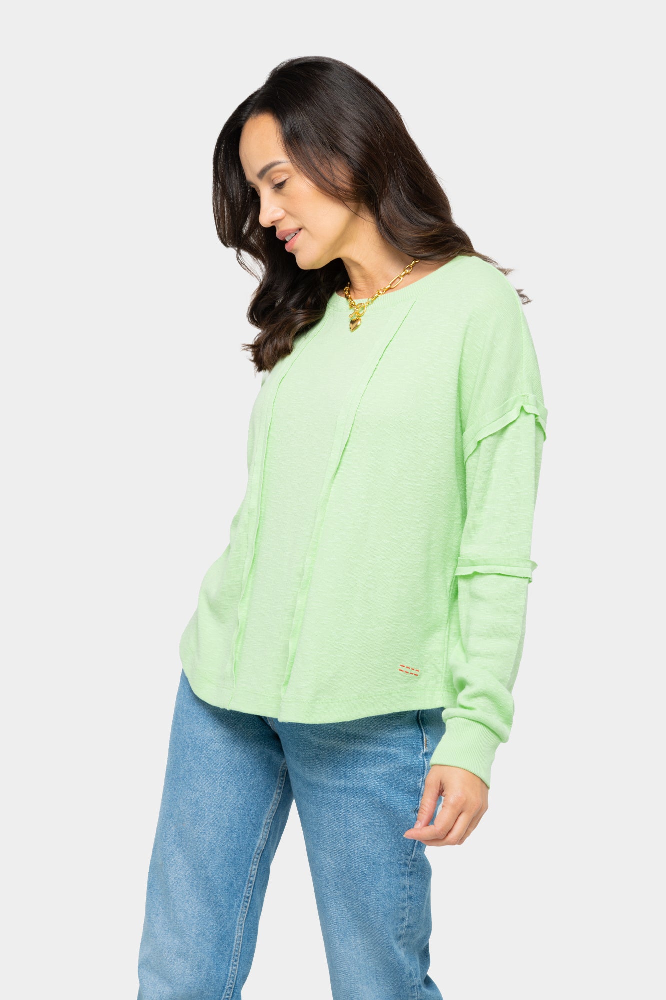 Cotton Slub Curved Hem Long Sleeve Top