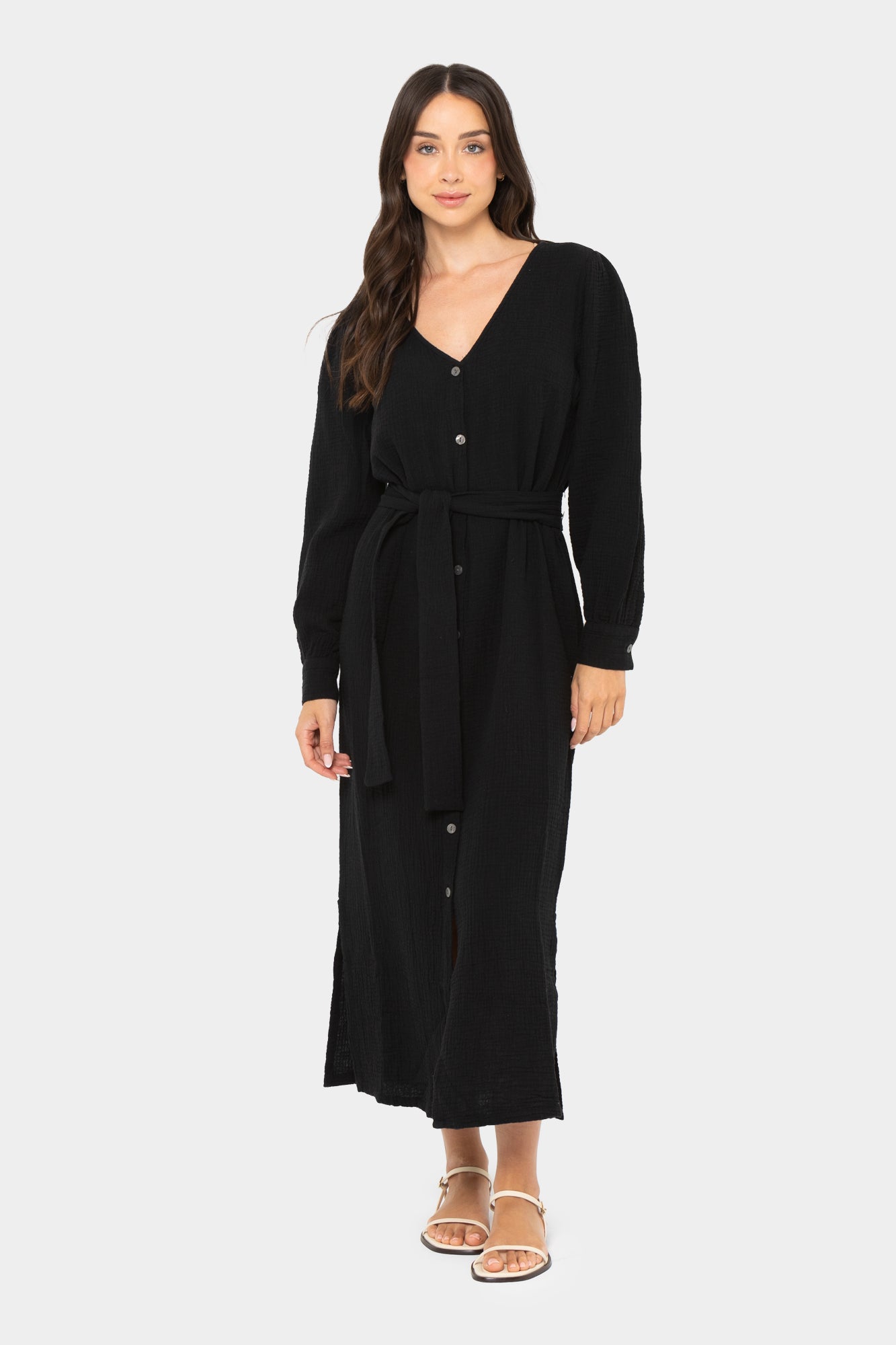 Boheme Gauze Button Front-Tie Waist Dress