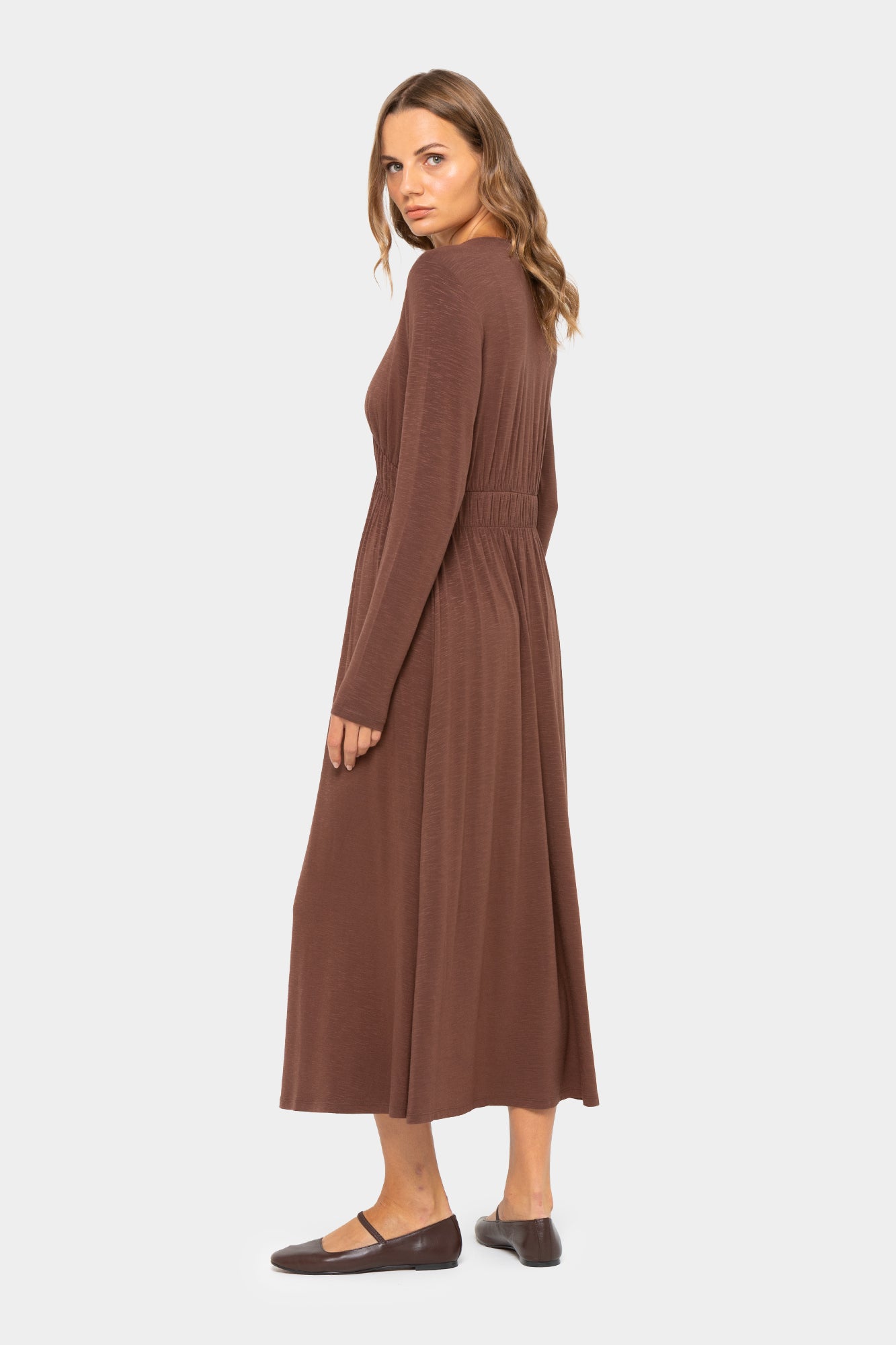 V-Neck Long Sleeve Midi Dress