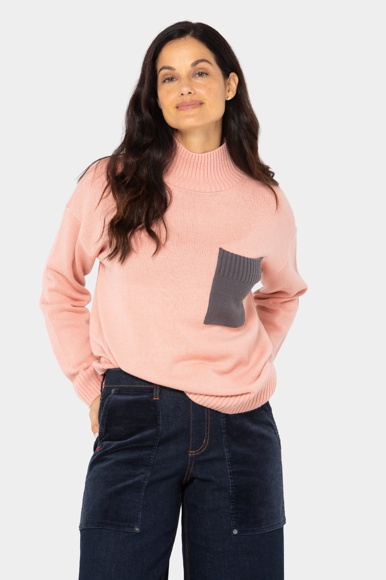 Cotton Color Block Pocket Turtleneck Sweater