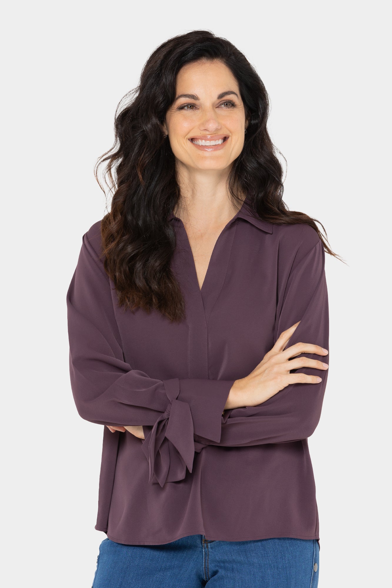 Y-Neck Pullover Blouse with Bow Sleeve Detail