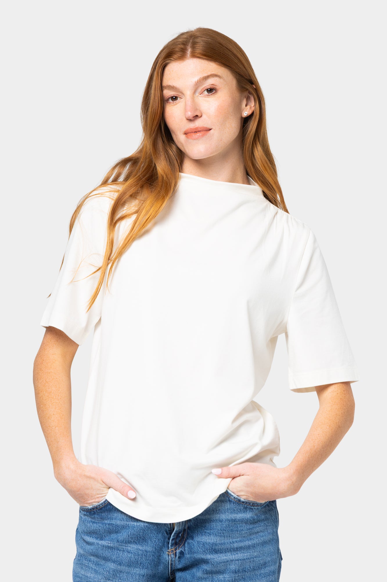 Shirred Shoulder Funnel Neck Tee