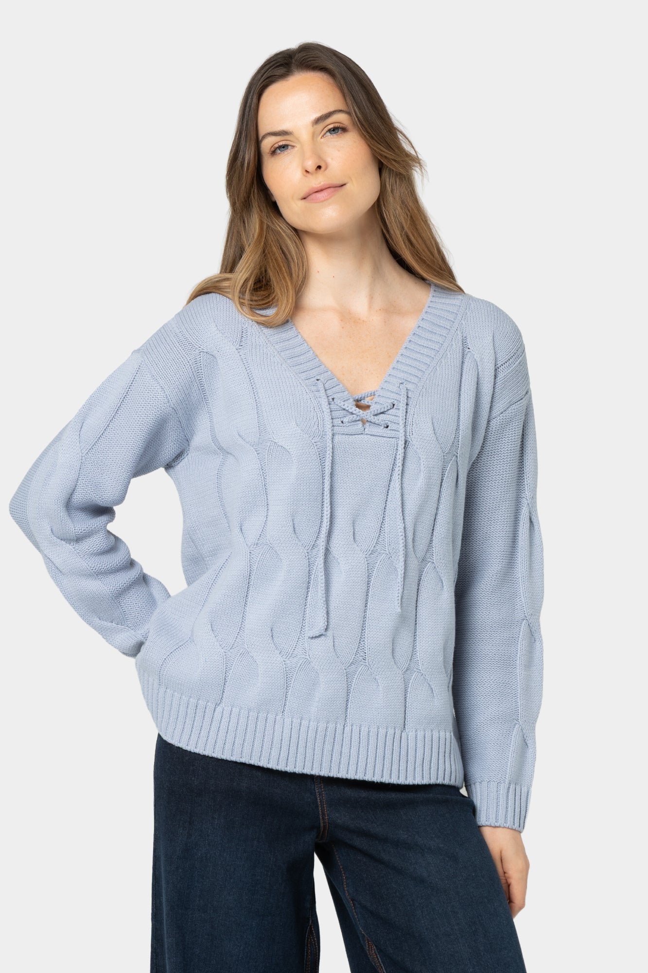 V-Neck Lace Up Cable Sweater