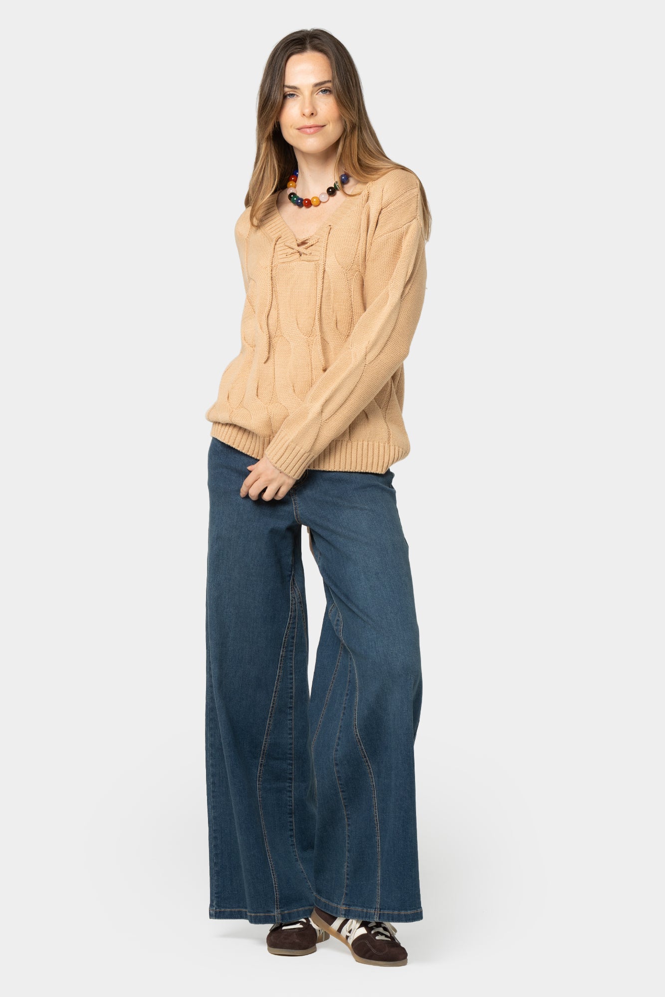 V-Neck Lace Up Cable Sweater
