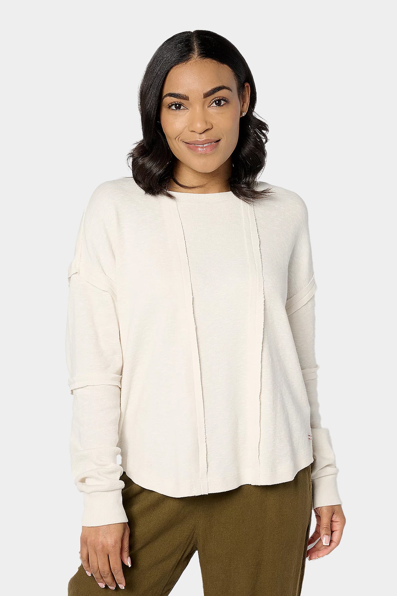 Cotton Slub Curved Hem Long Sleeve Top