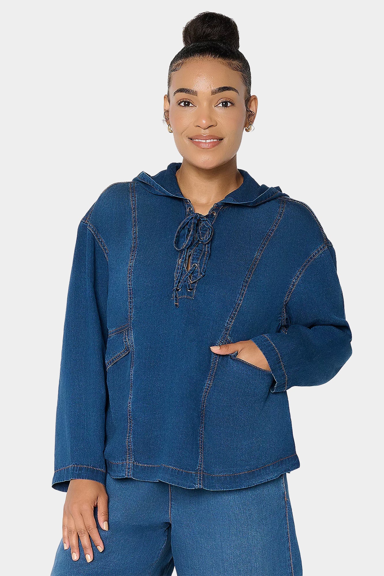 Denim Long Sleeve Lace Up Hoodie