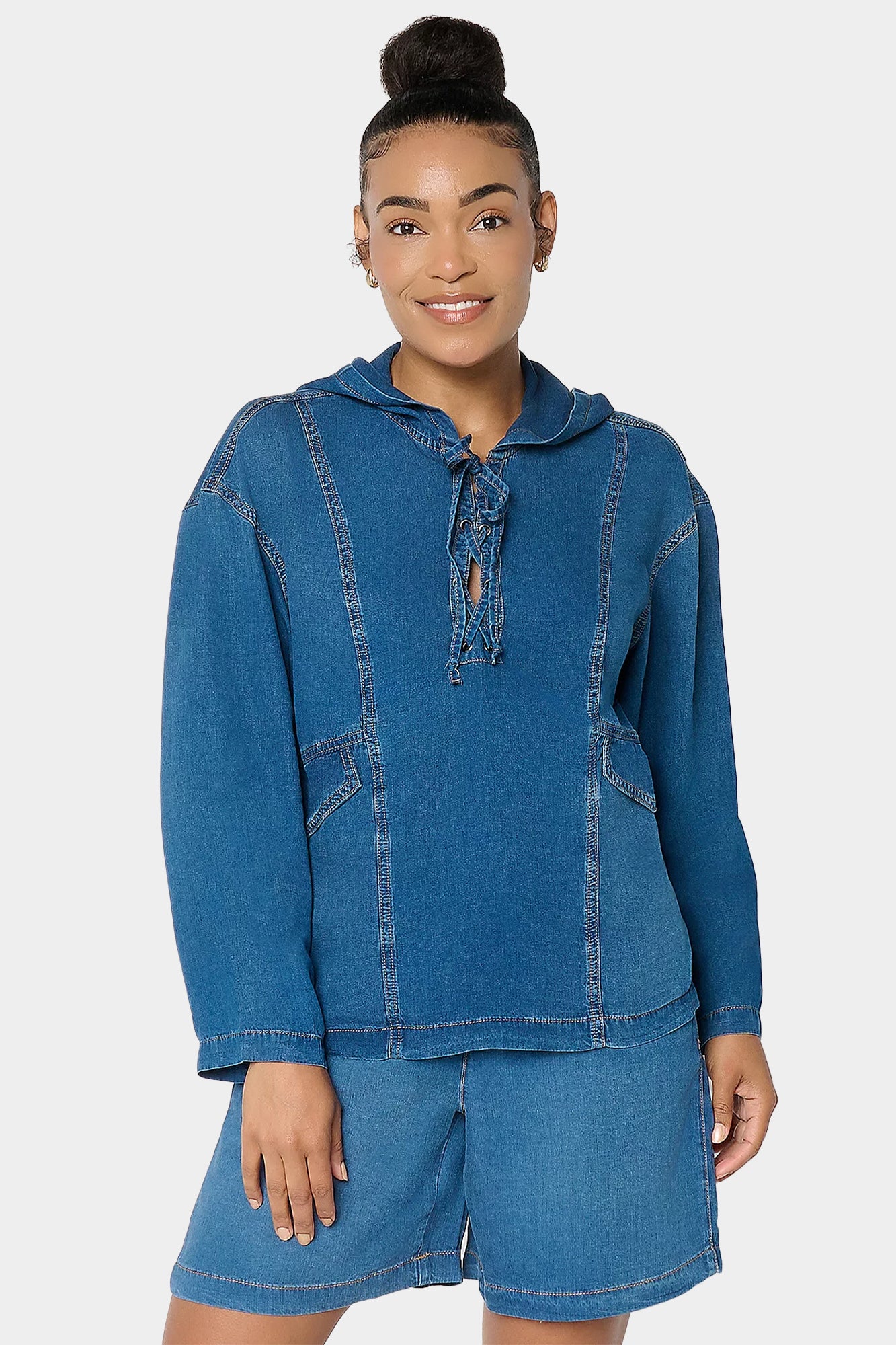 Denim Long Sleeve Lace Up Hoodie