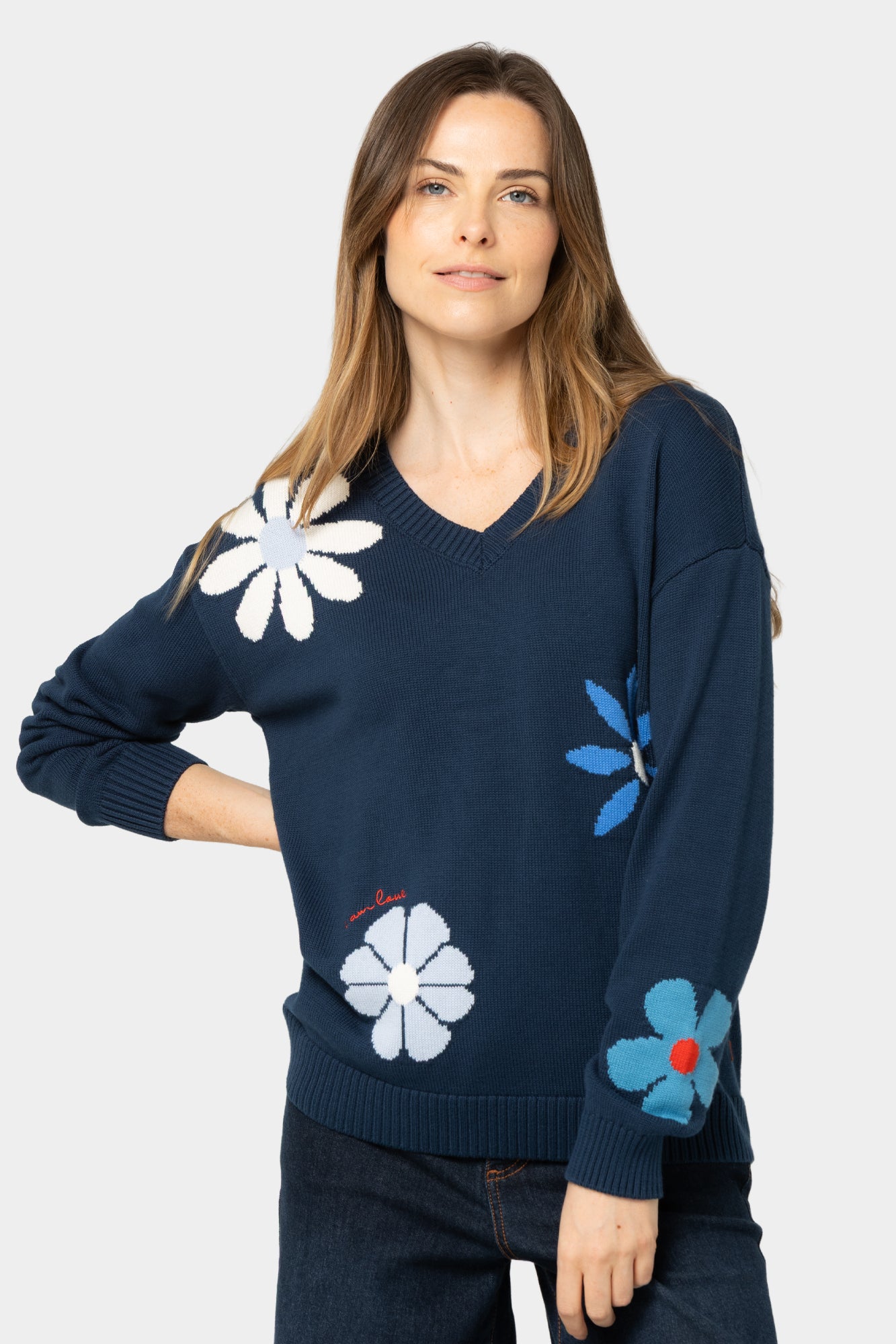 Cotton Motif V-Neck Sweater