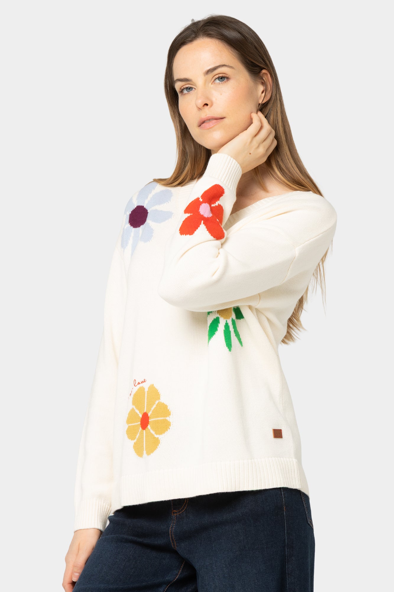 Cotton Motif V-Neck Sweater