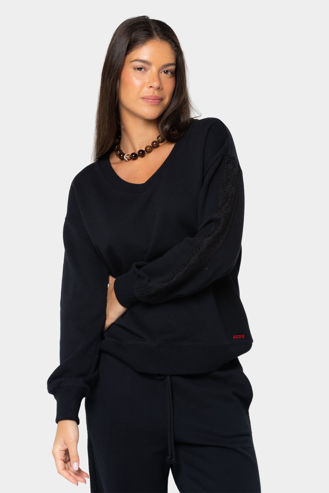 Boheme V-Neck Pullover with Crochet Trim