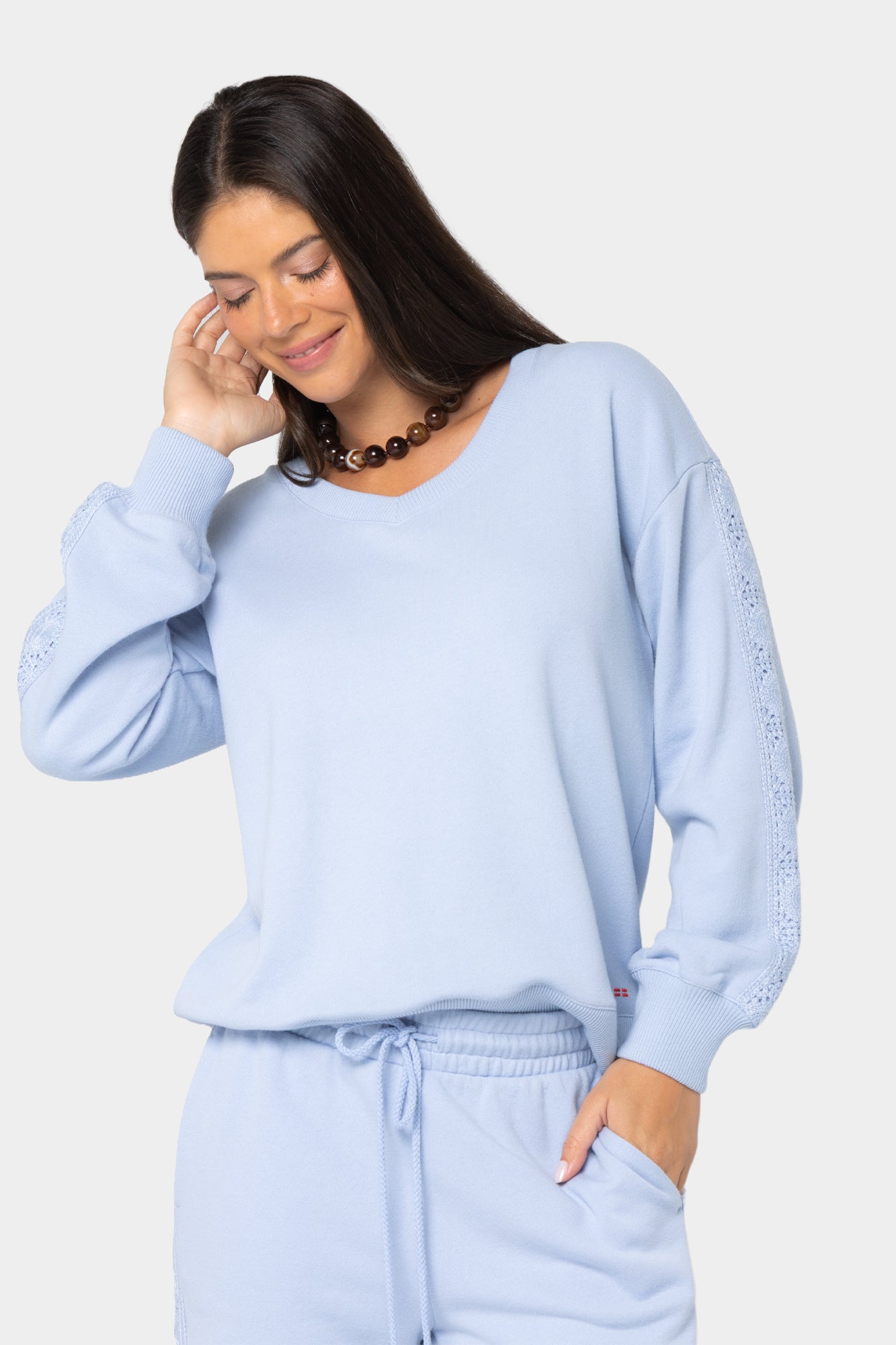 Boheme V-Neck Pullover with Crochet Trim