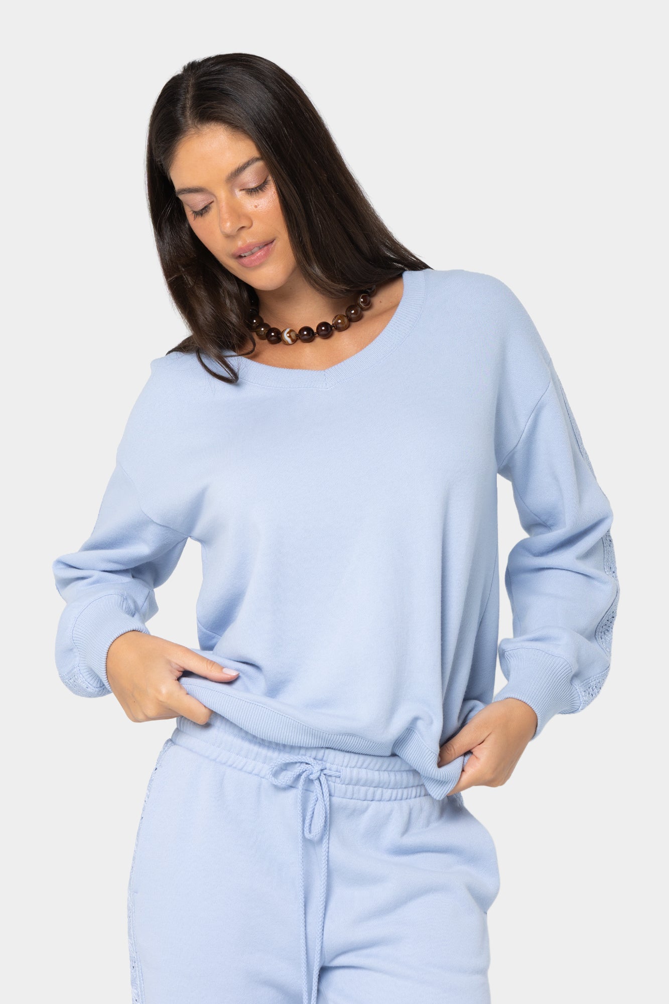 Boheme V-Neck Pullover with Crochet Trim