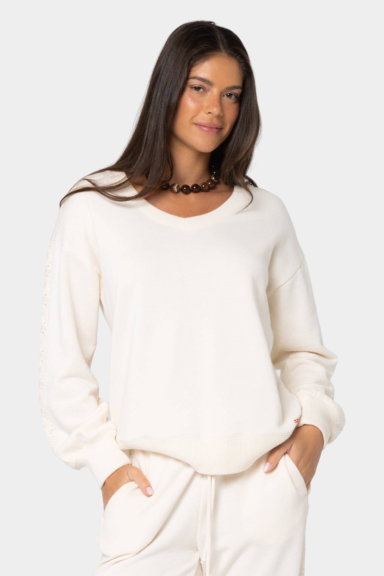 Boheme V-Neck Pullover with Crochet Trim