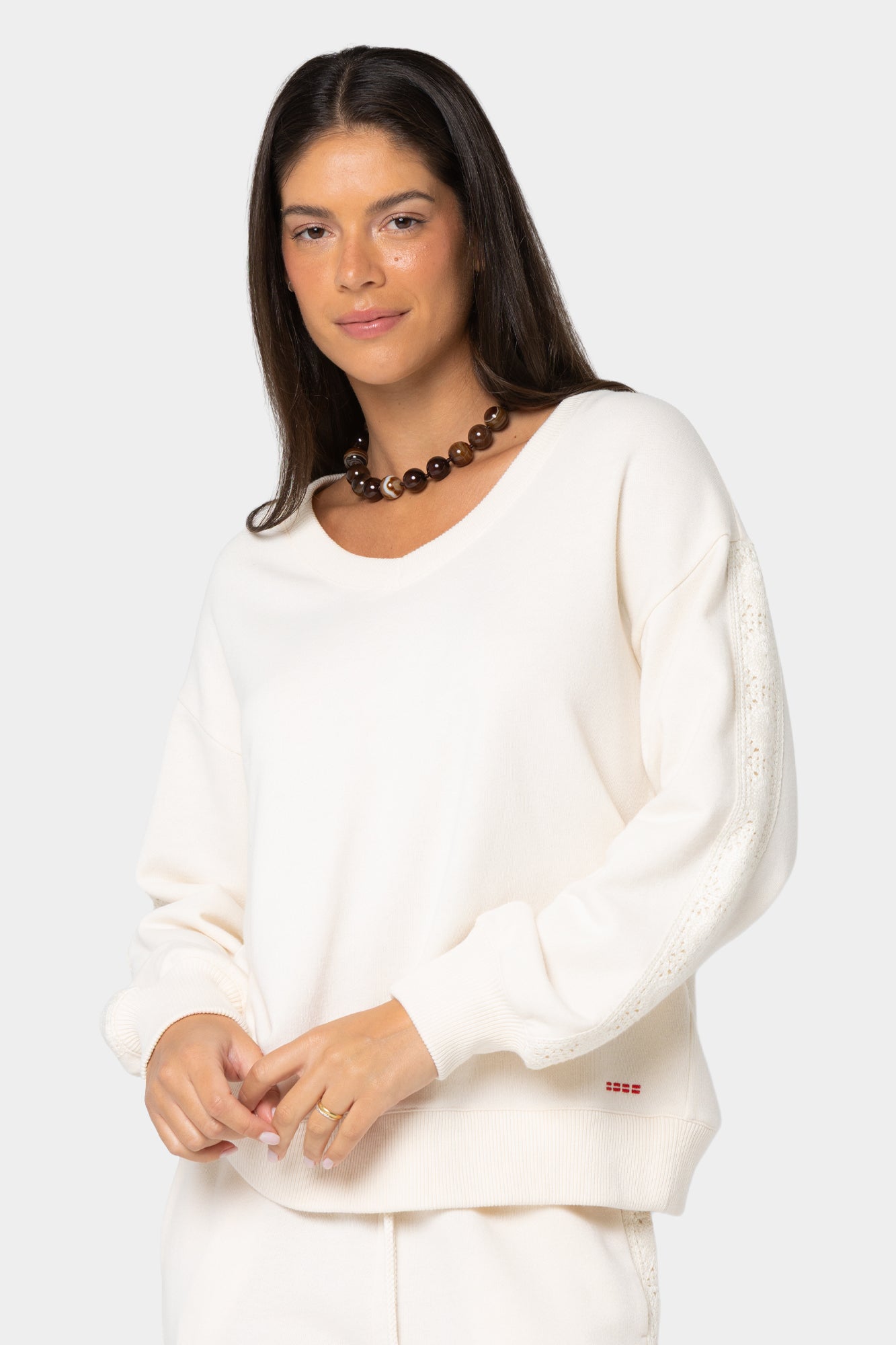 Boheme V-Neck Pullover with Crochet Trim