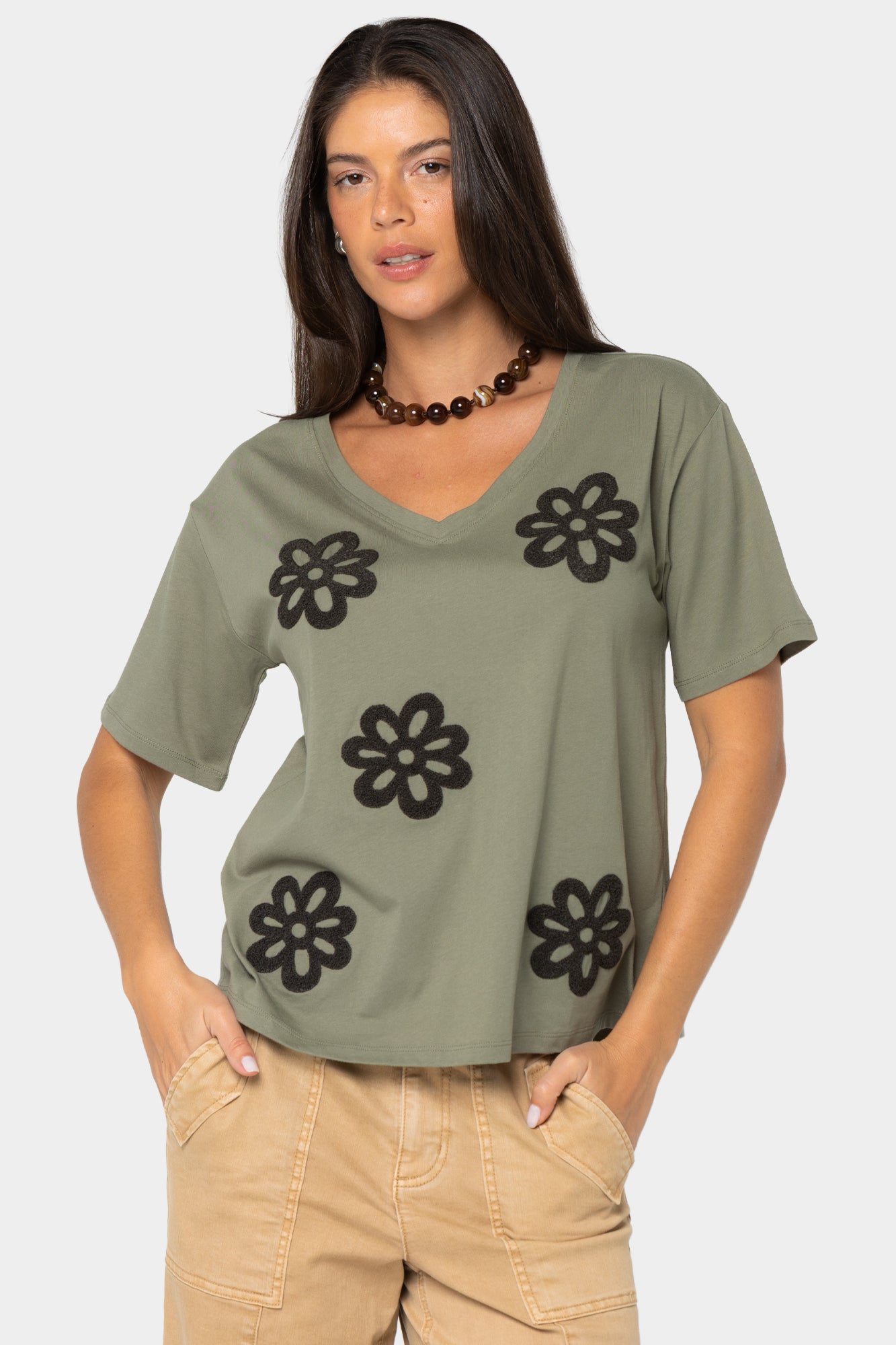 Boheme Mixed Media V-Neck Motif Tee