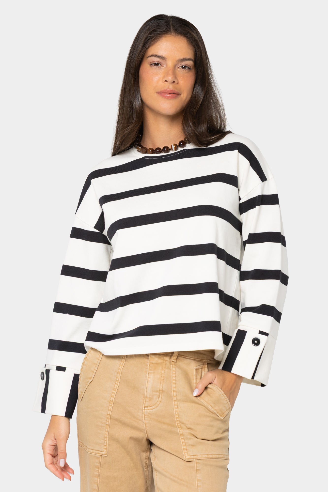 Striped Crew Neck Pullover w/ Cuff Detail