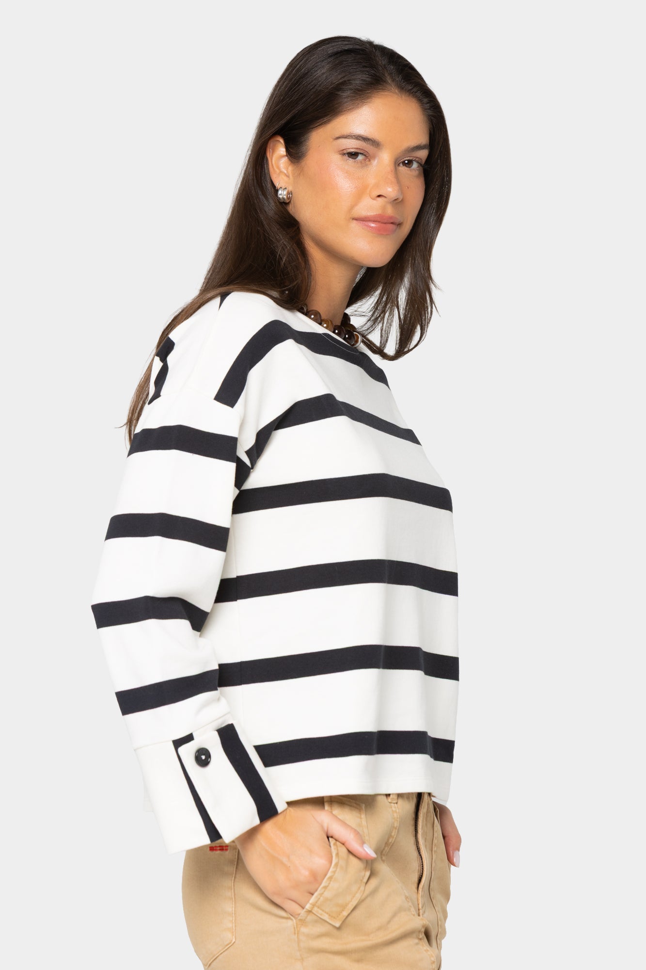 Striped Crew Neck Pullover w/ Cuff Detail