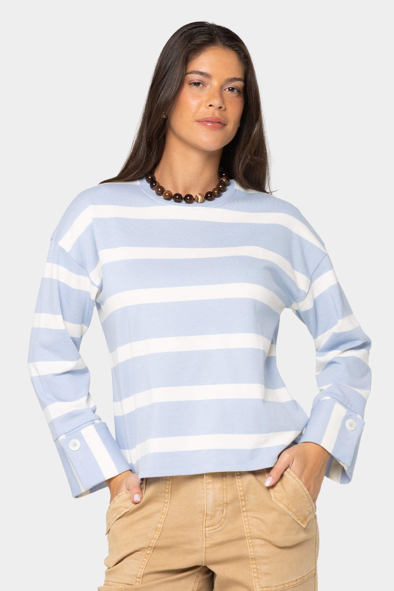 Striped Crew Neck Pullover w/ Cuff Detail