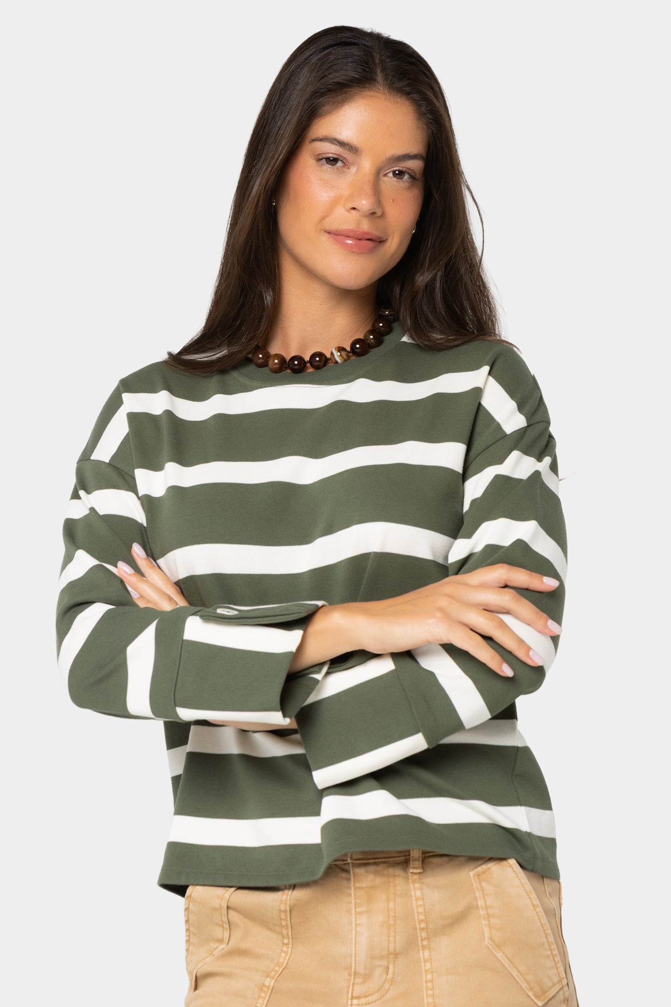 Striped Crew Neck Pullover w/ Cuff Detail