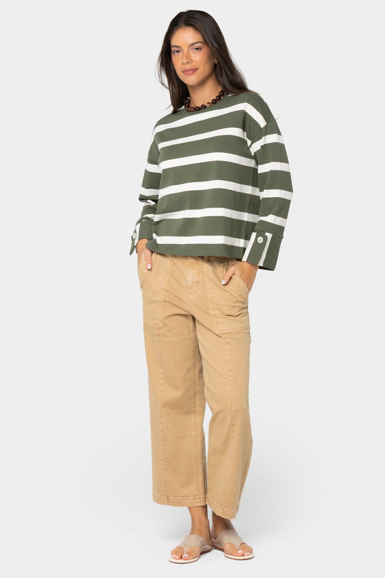 Striped Crew Neck Pullover w/ Cuff Detail